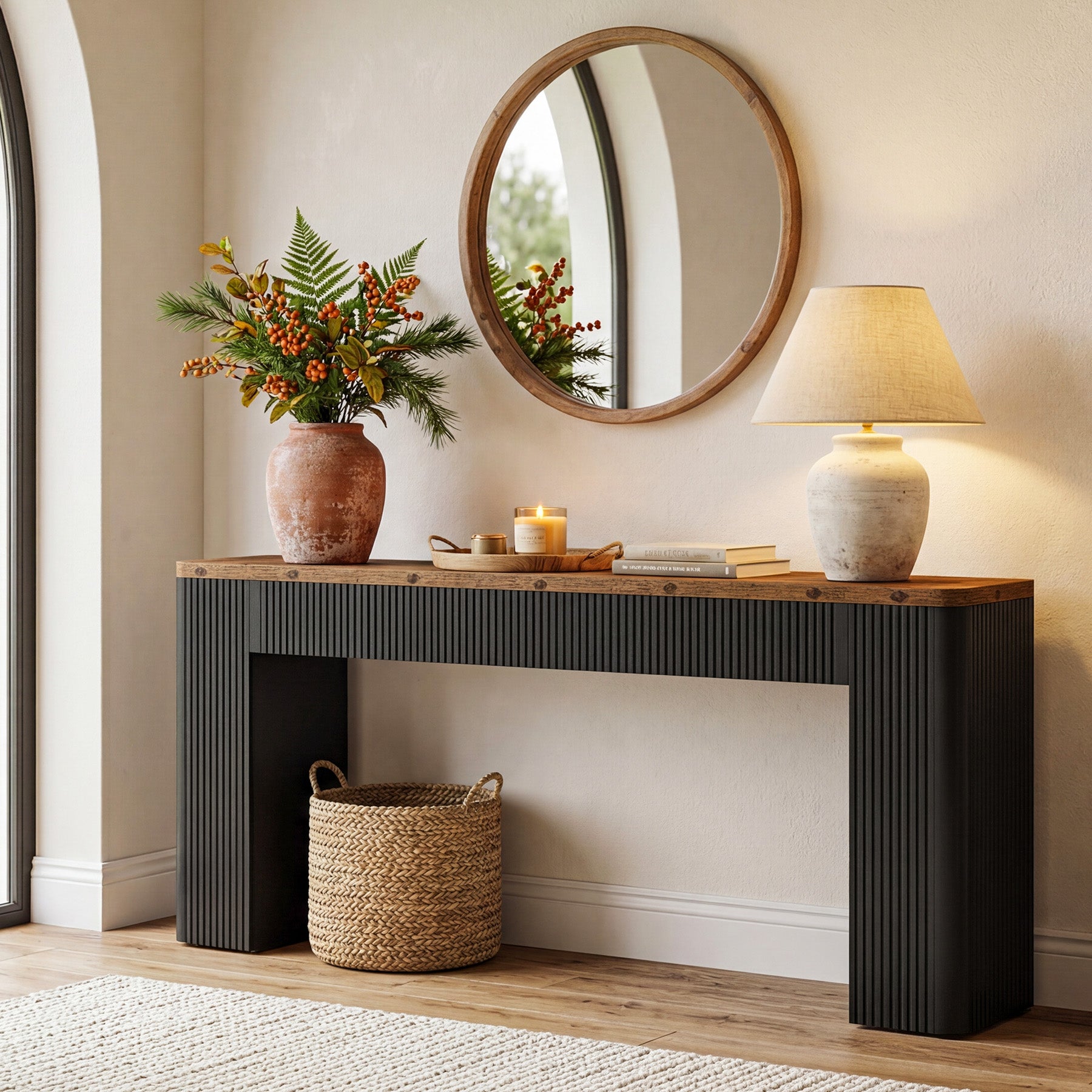 82.7" Long Console Table, Fluted Narrow Sofa Table Entryway Table with Curved Edges