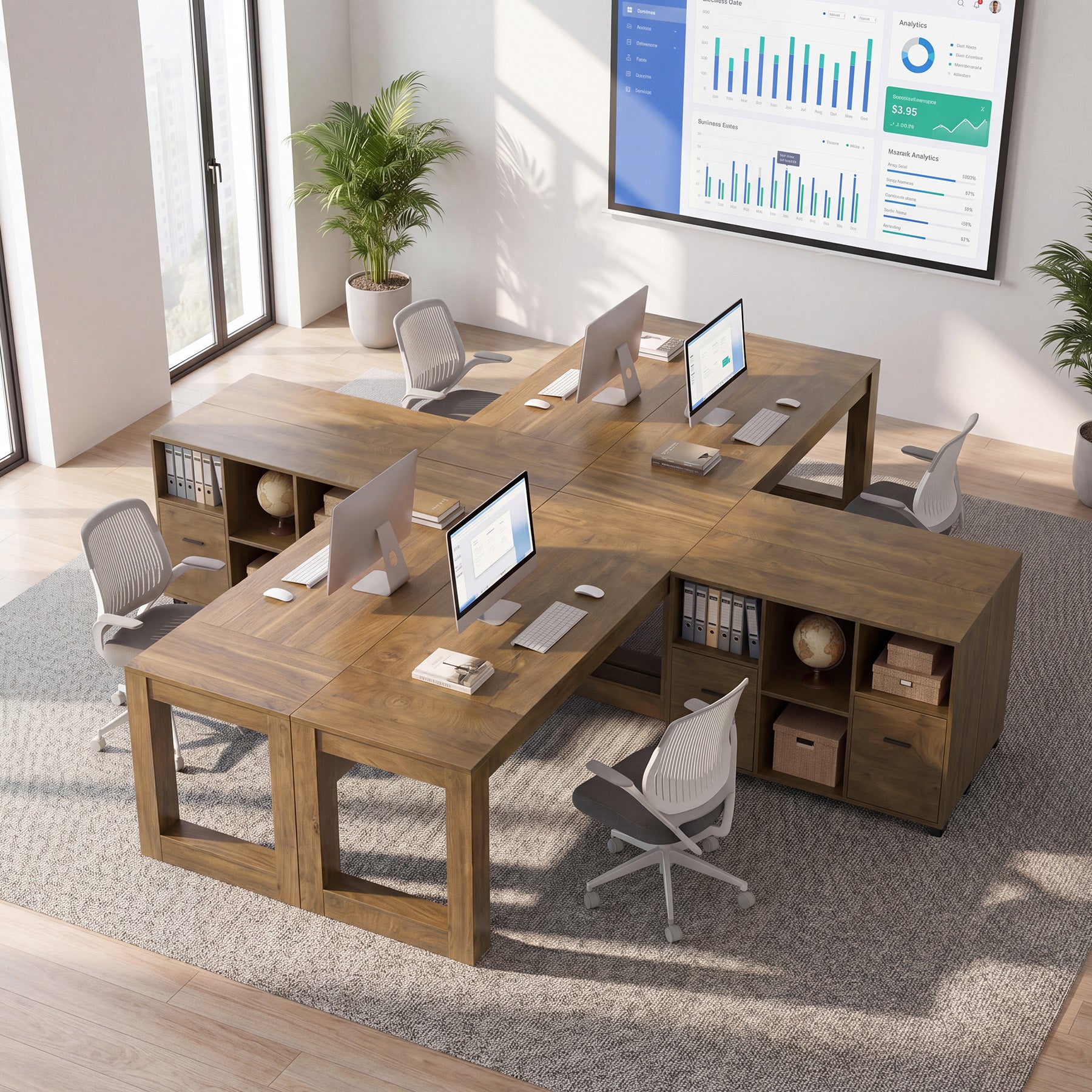 63" Executive Home Office Set,  L-Shaped Desk with Storage Shelves & Drawers