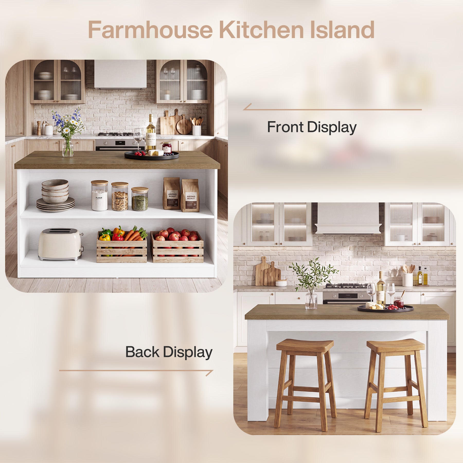 55" Farmhouse Kitchen Island, Stationary Island Prep Dining Table with 2-Tier Open Shelves