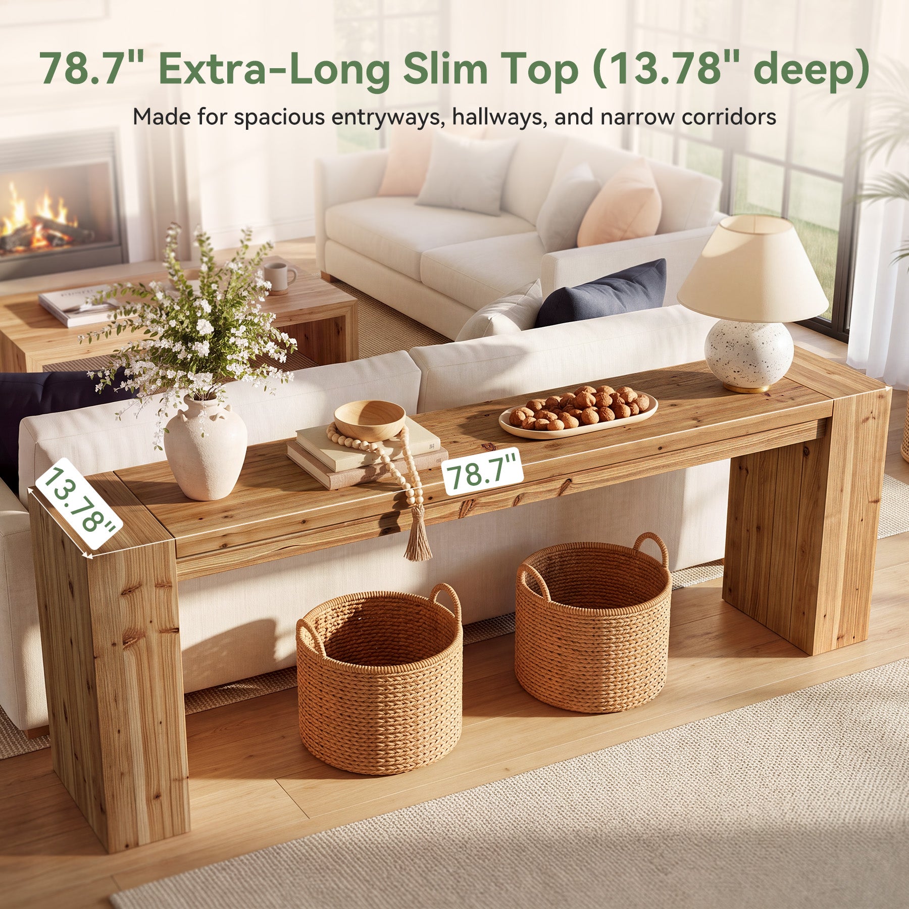 79" Extra Long Console Table, Solid Wood Narrow Sofa Table, Farmhouse Chunky Legs, Entryway