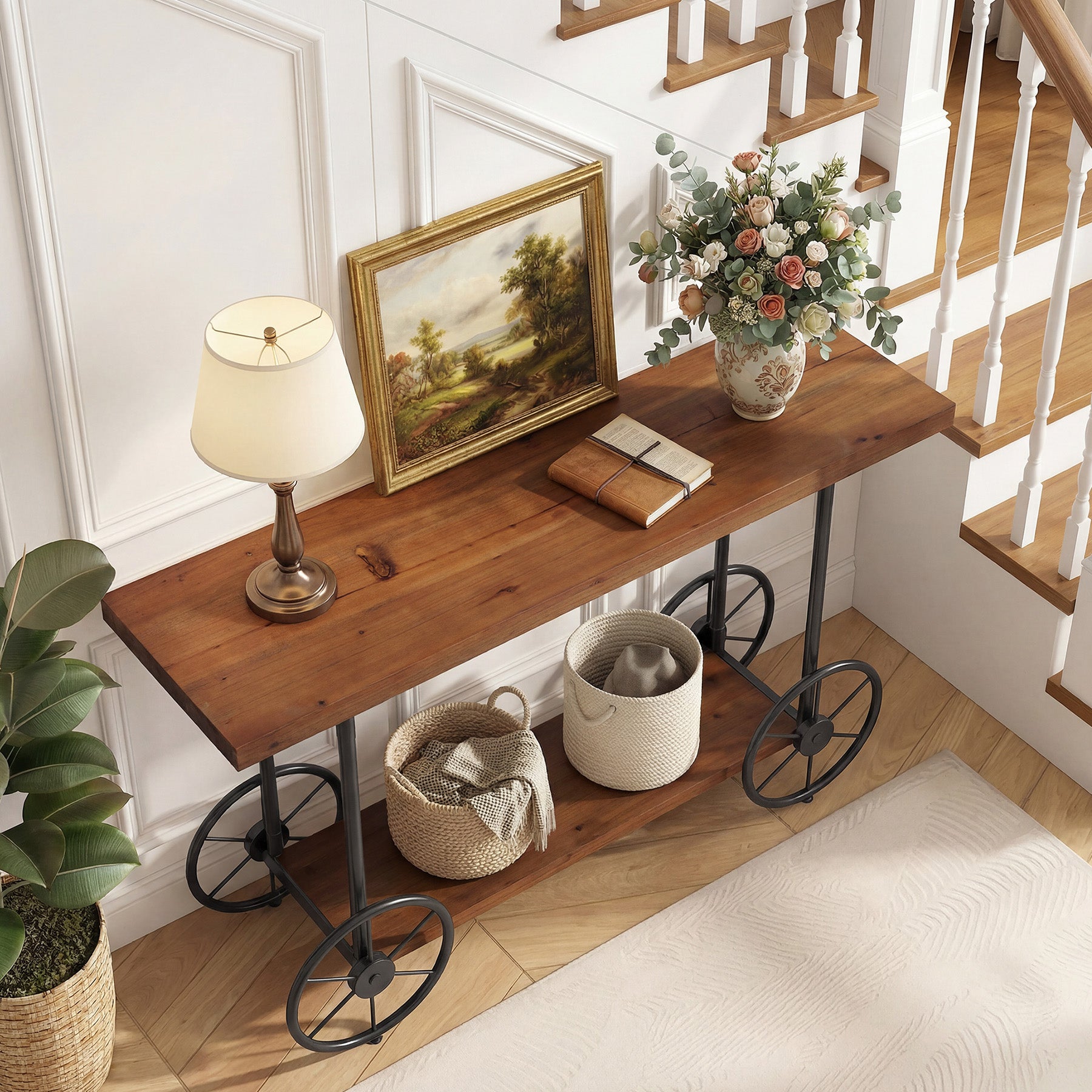 47" Solid Wood Industrial Console Table with 2-Tier Shelves – Narrow Entryway Sofa Table with Metal Base for Hallway or Living Room