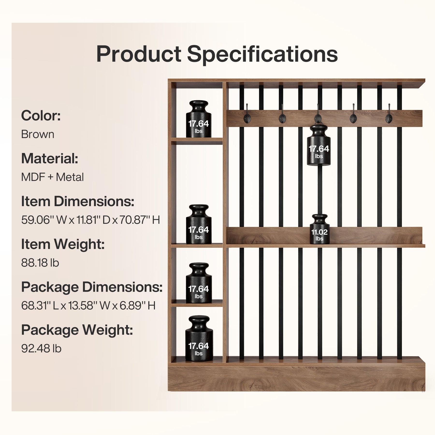 71" Wall Room Divider, Modern  Room Partition with Shelves & Coat Hooks for Entryway
