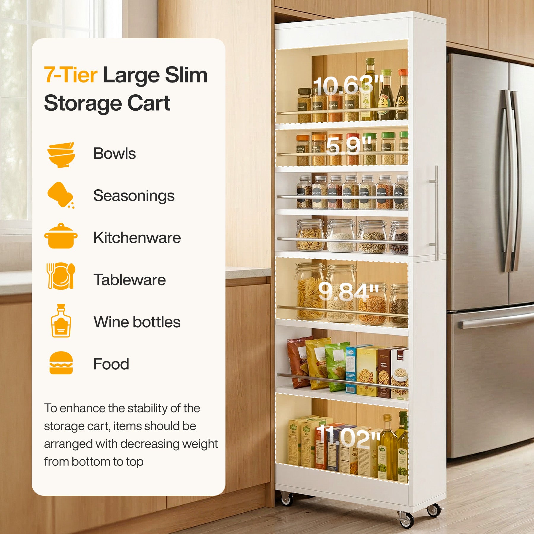 73" Slim Storage Cart on Wheels, 7-Tier Narrow Pantry Rack Cabinet Organizer