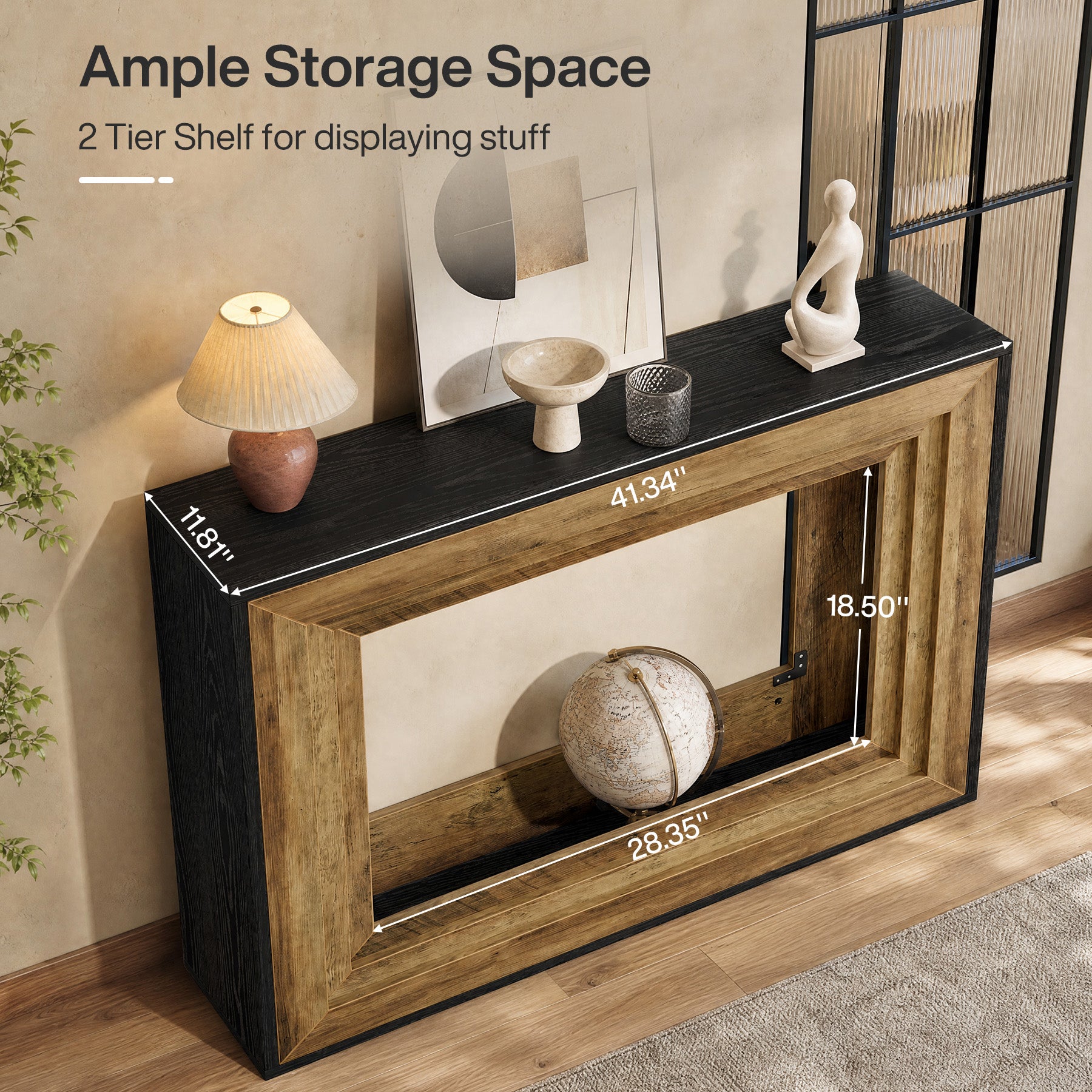 41.4" Narrow Console Table, Entryway Table with Open Storage, Vintage Wood & Matte Black Finish