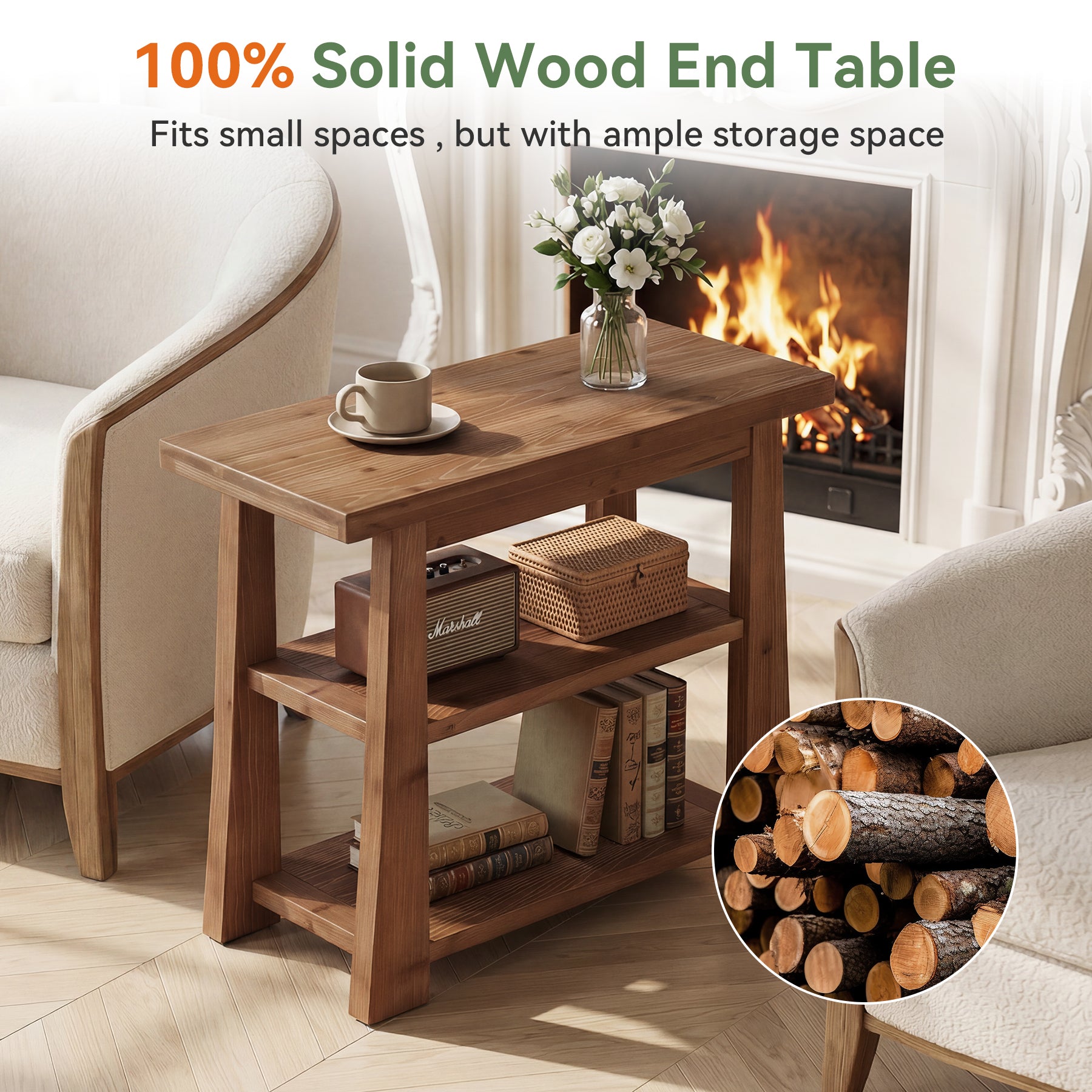 27.5" Wooden End Table, Narrow Nightstand with 3 Tier Storage Shelves for Living Room