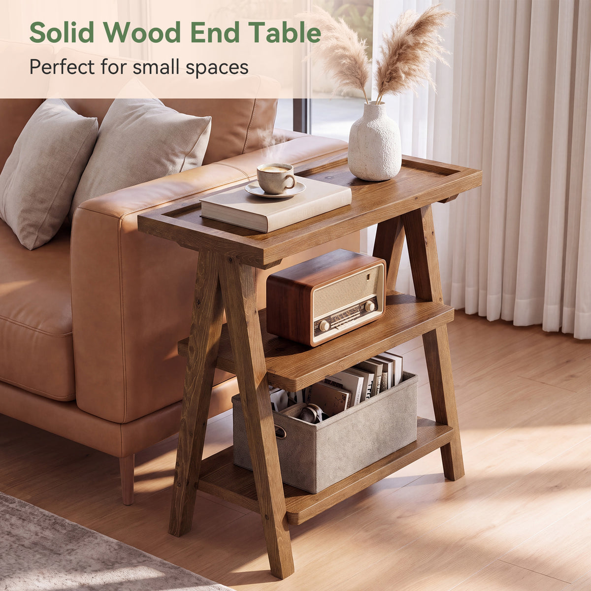 Solid Wood End Table, 3-Tier Side Table Farmhouse Accent Table for Small Spaces