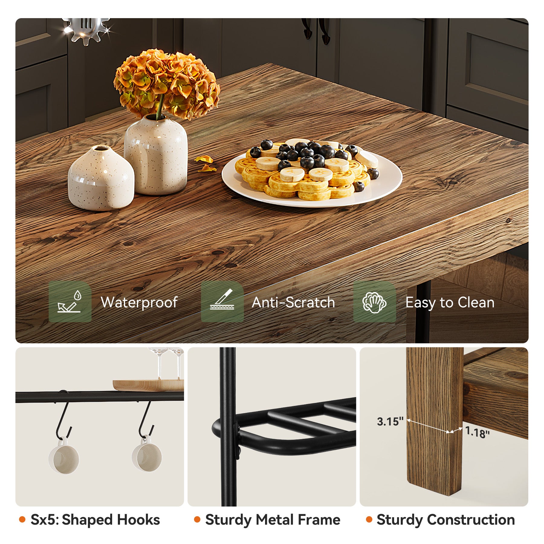 47" Solid Wood Kitchen Island Table with Storage and 5 Hooks