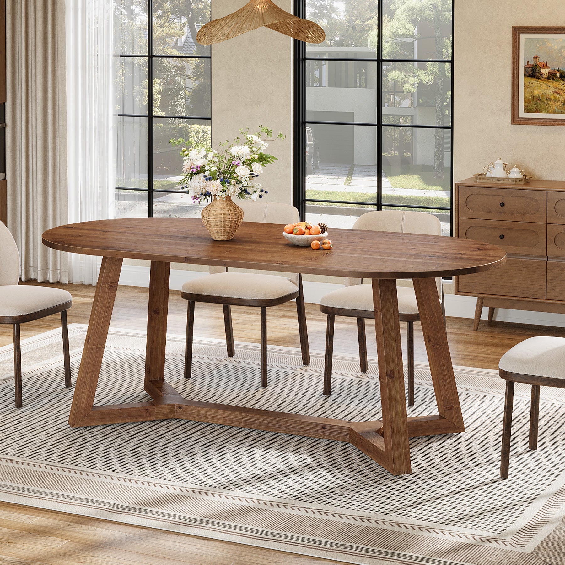Solid Wood Oval Dining Table, 63" Kitchen Table with Sturdy Tapered Legs for 4-6