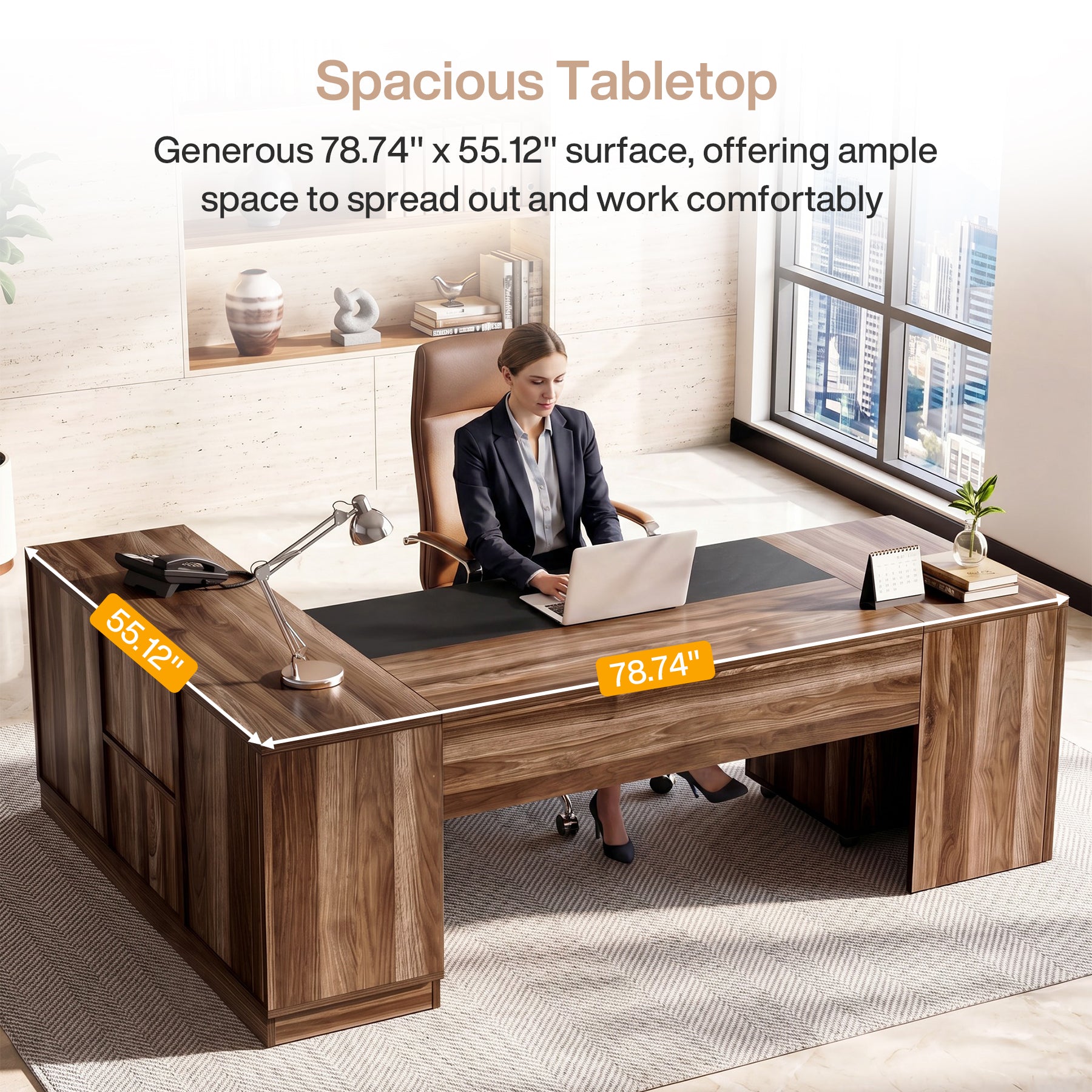 78.7" L-Shaped Executive Desk, Large Office Desk with Mobile Filing Cabinet