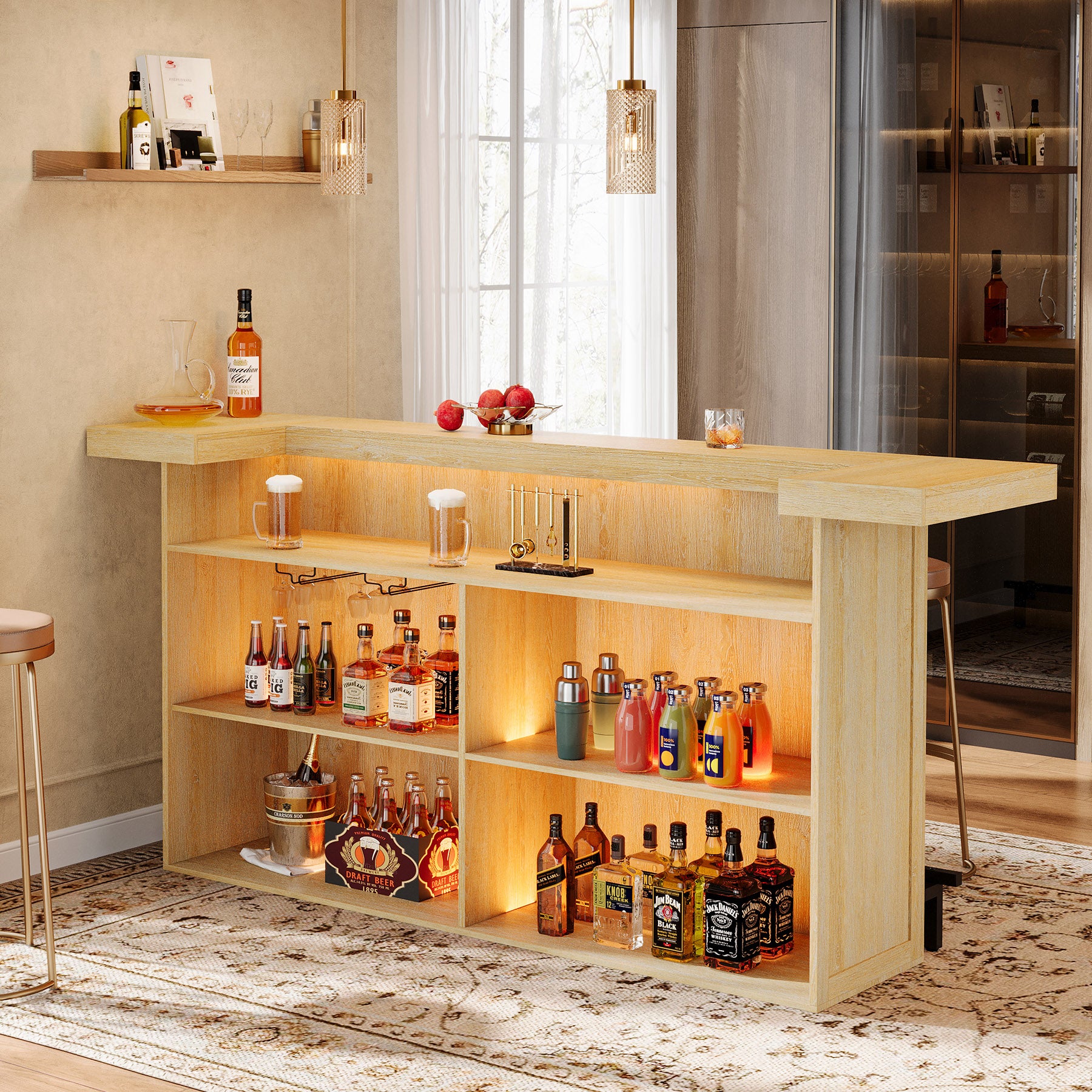 70.9" Bar Table, Modern Liquor Cabinet with 4-Tier Storage Shelves