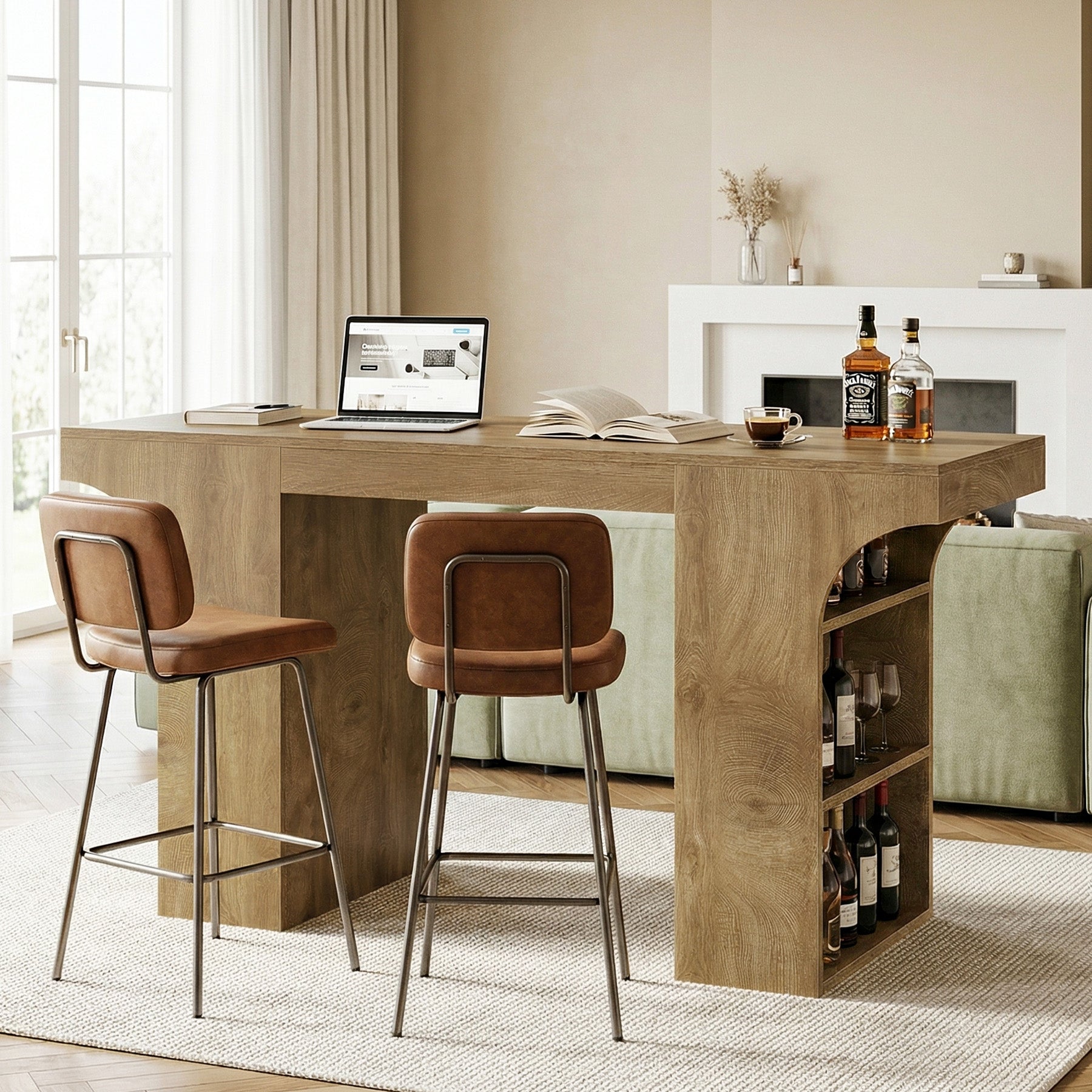 63" Bar Table, Rectangular Counter Height Pub Table with Storage Shelves