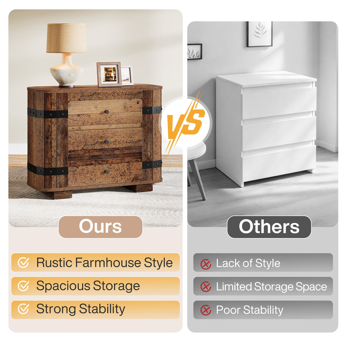 Oversized 3 Drawer Nightstand, Extra Wide Rustic Large Bedside Table, Bedroom