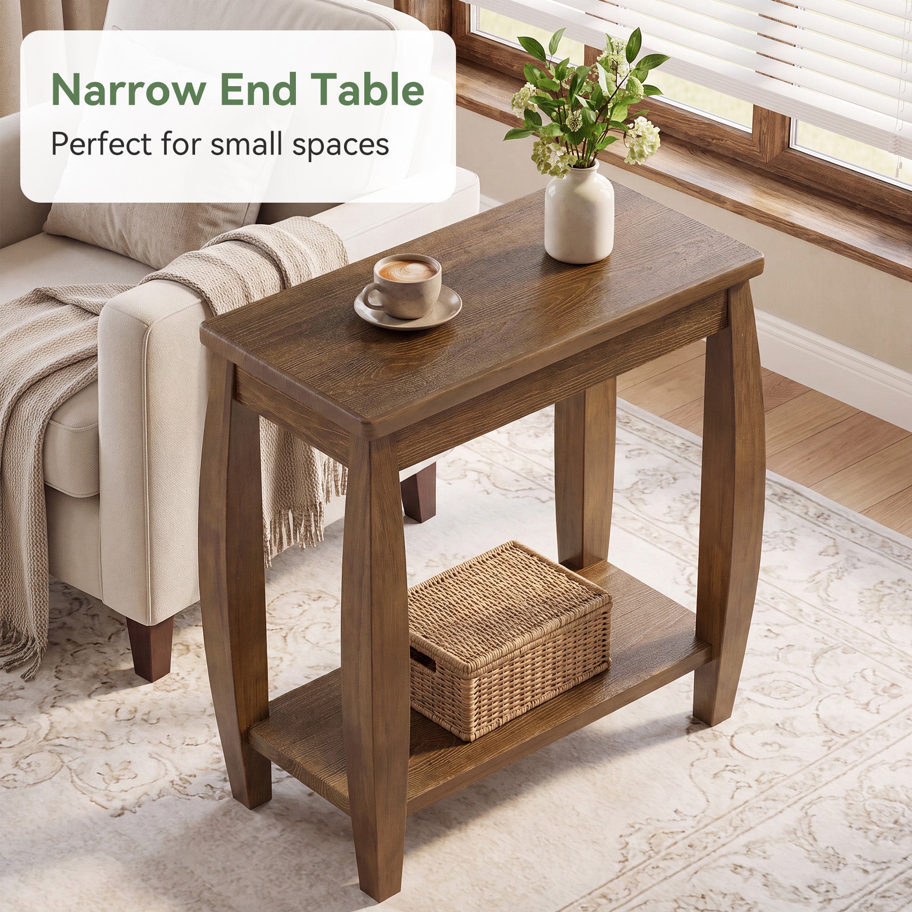 23.62" Solid Wood End Table, 2-Tier Narrow Side Table for Living Room, Small Places