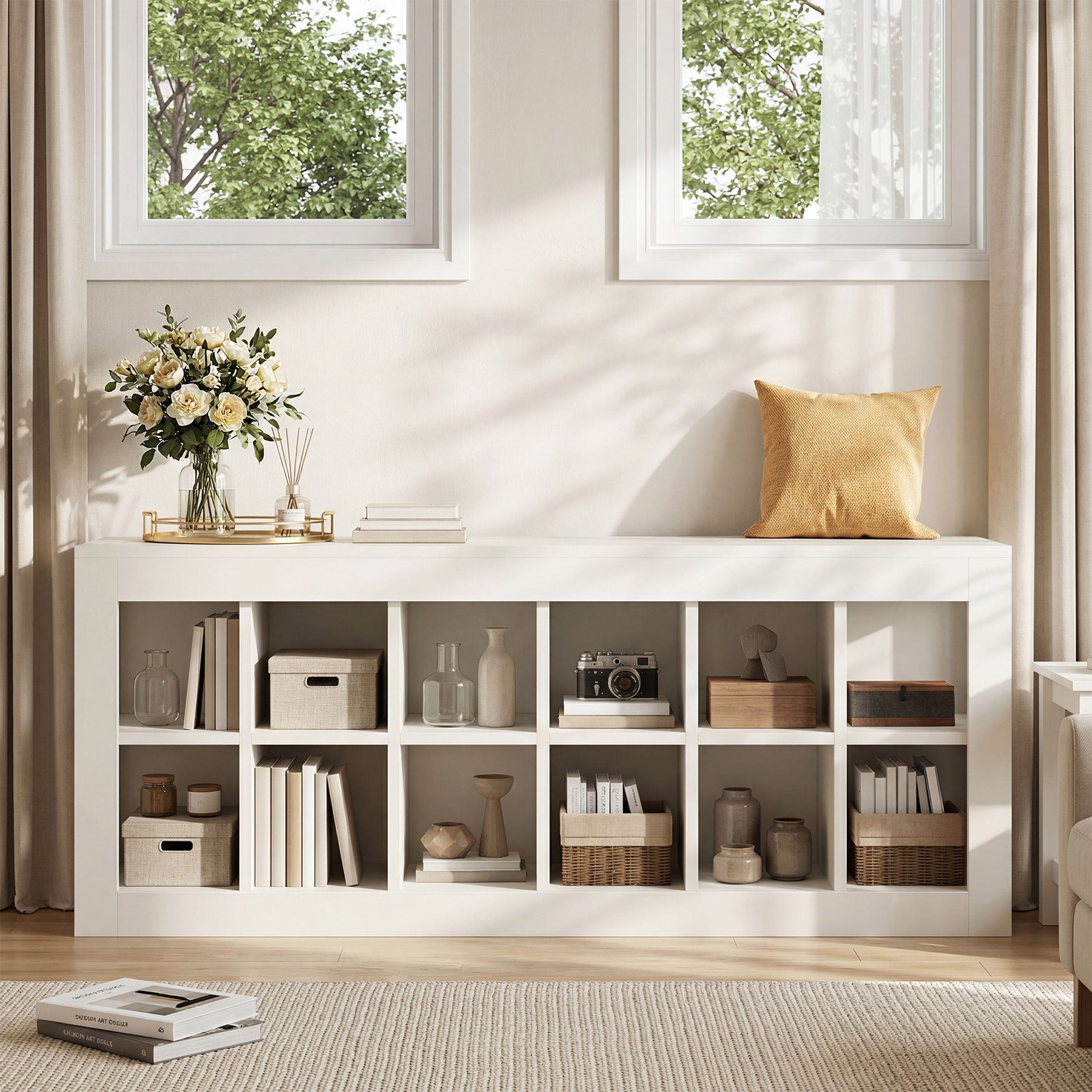 52.36" Shoe Storage Bench with 12 Cubbies, Wooden Entryway Bench for Hallway