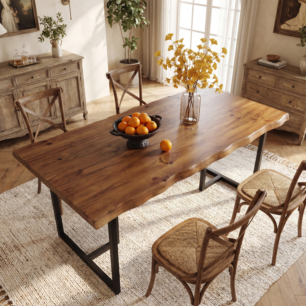 63" Solid Wood Dining Table, Rectangular Kitchen Table with Live-Edge Inspired Top for 4–6