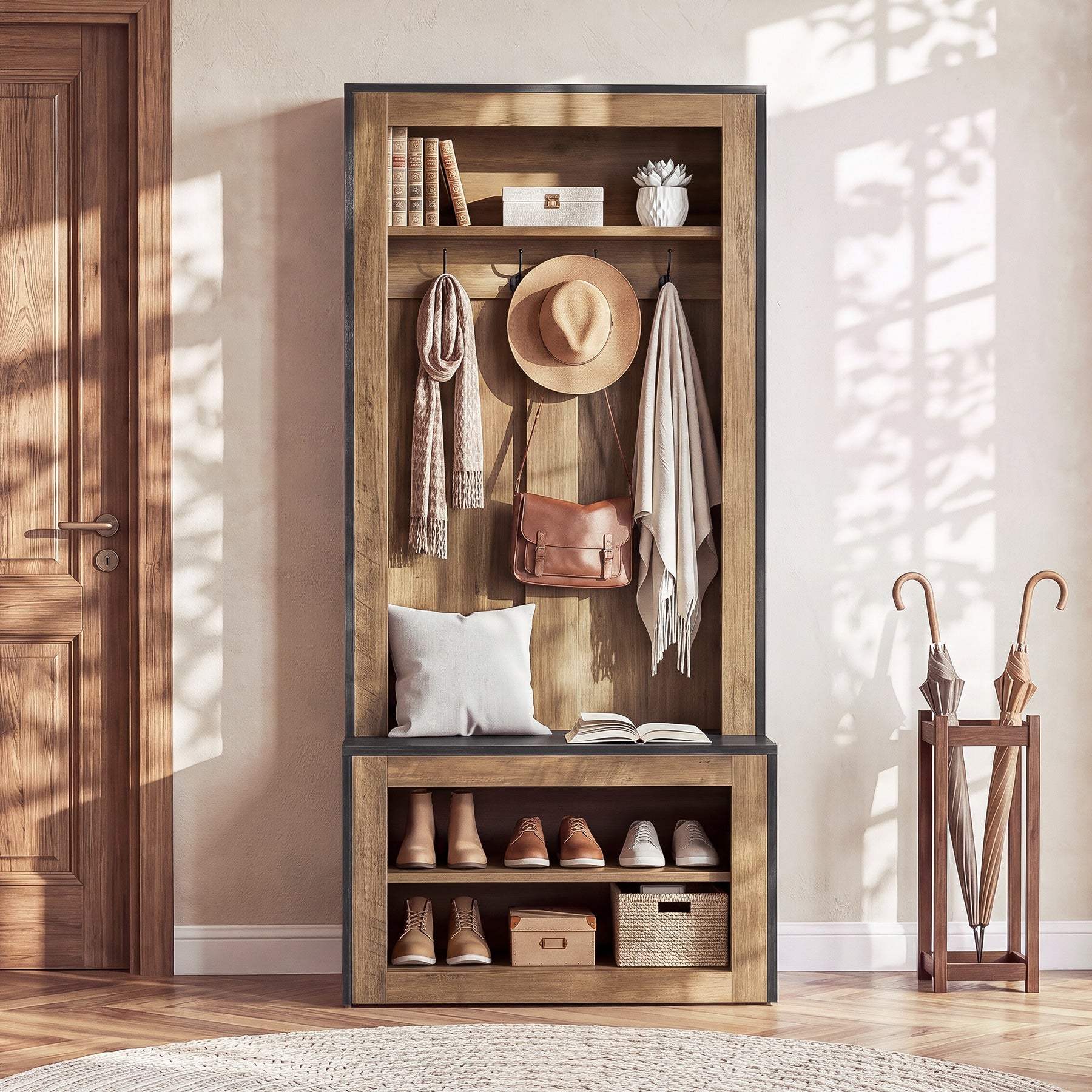 70.8" Tall Farmhouse Hall Tree with Shoe Bench & 4 Hooks, 4-in-1 Entryway Coat Rack Organizer