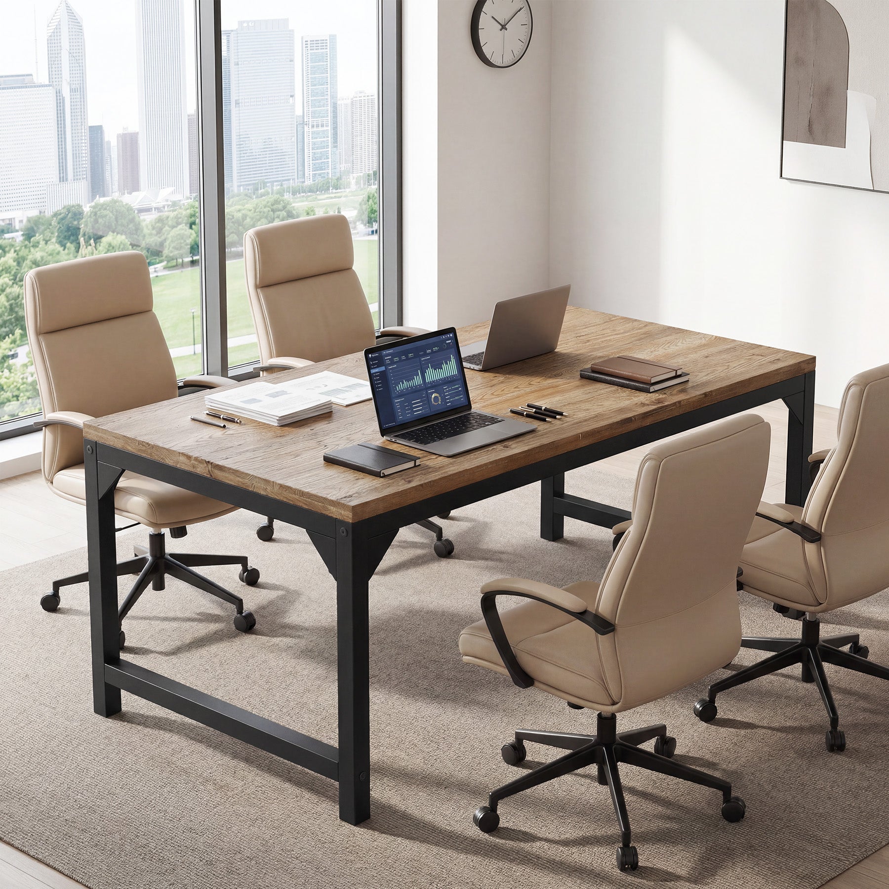 63" Solid Wood Office Desk, Heavy-Duty Computer Desk with Metal Frame