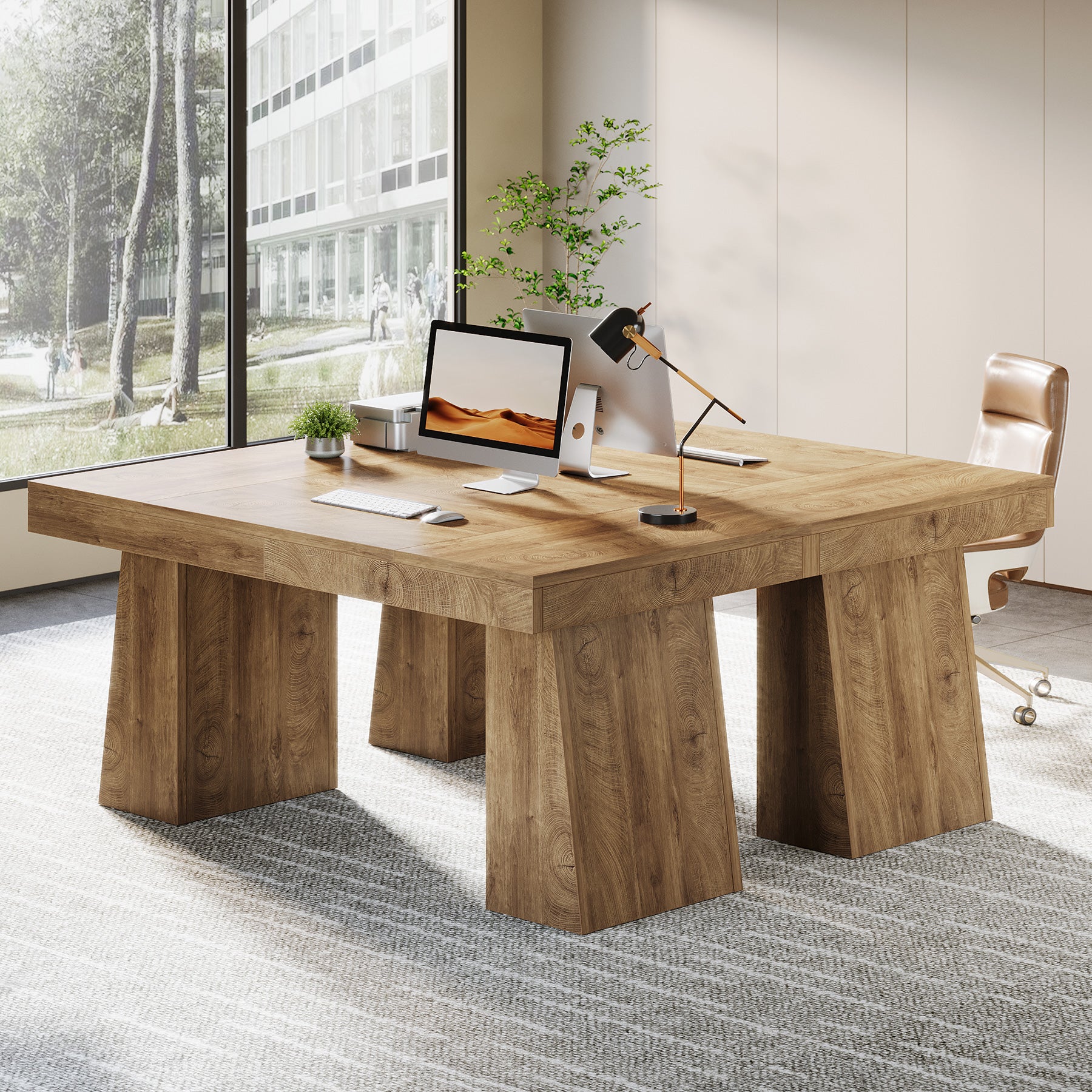 55" Executive Office Desk with Double Trapezoid Base, Modern Wooden Computer Desk for Home Office