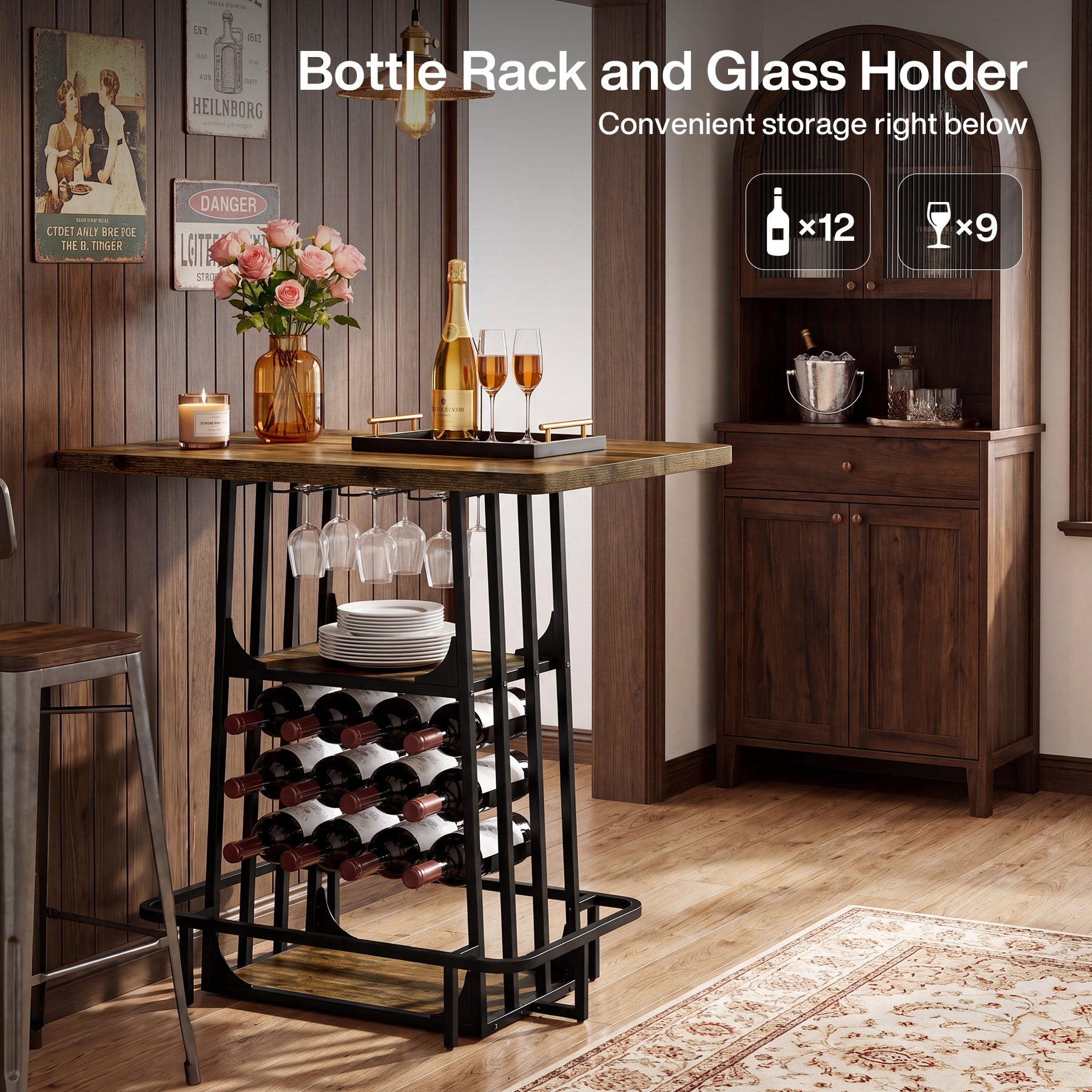 Kitchen Island with 3 Shelves, 39.4" Kitchen Shelf with Large Worktop & Glass Holder