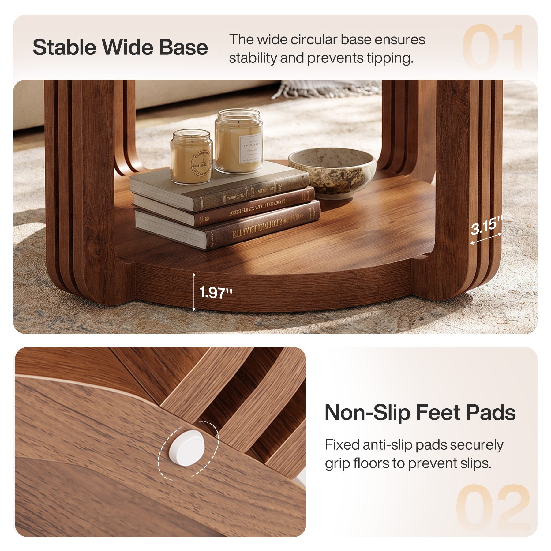 31.5-Inch Round Coffee Table with 2-Tier Storage, Arch Design Center Table for Living Room