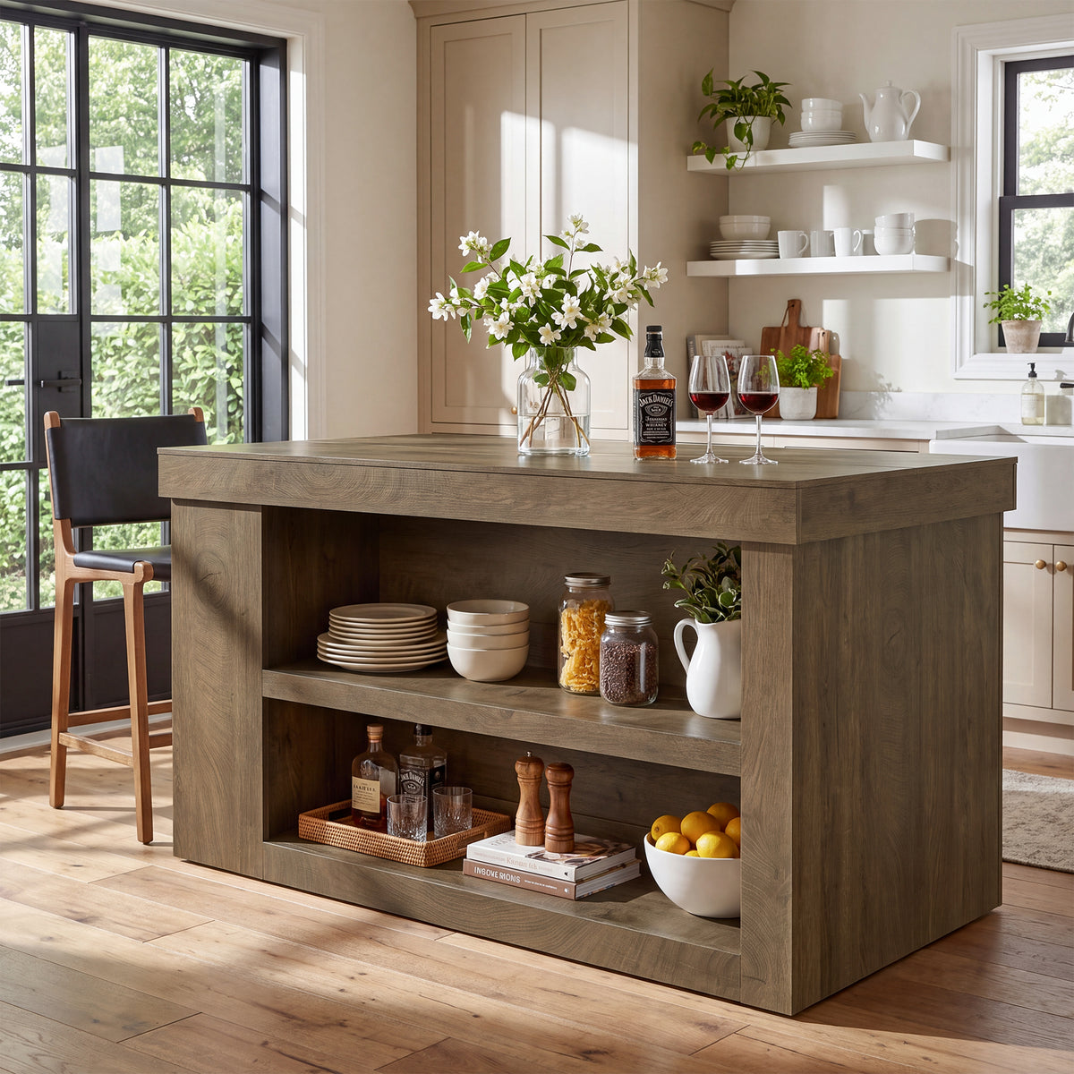 63" Kitchen Island, 3-Tier Stationary Island Table with Open Storage Sheves & Cabinet