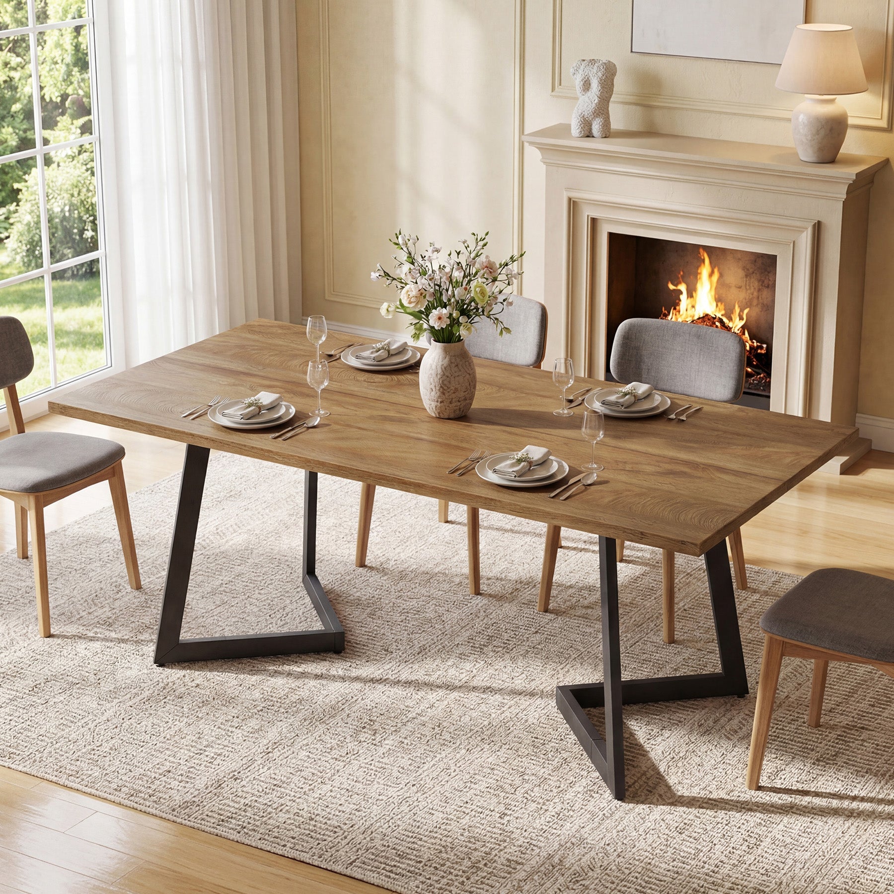 62" Rectangular Dining Table for 6, Modern Farmhouse Kitchen Table with Metal Legs for Dining Room
