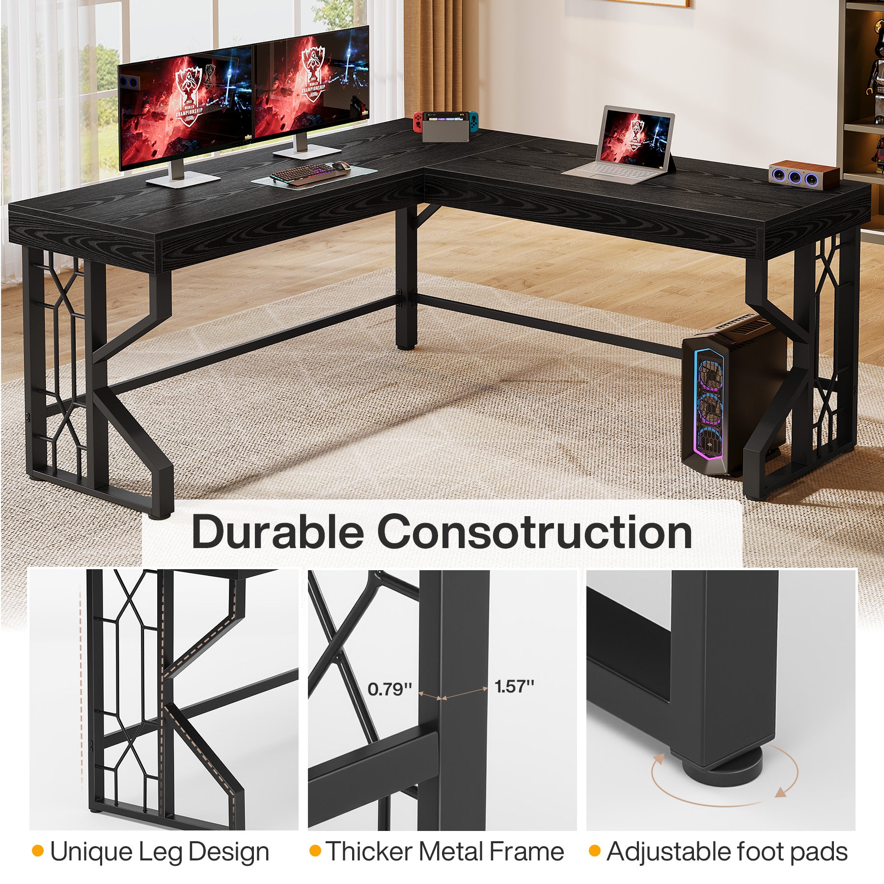 L-Shaped Desk, Modern Corner Computer Desk Gaming Table for Home Office