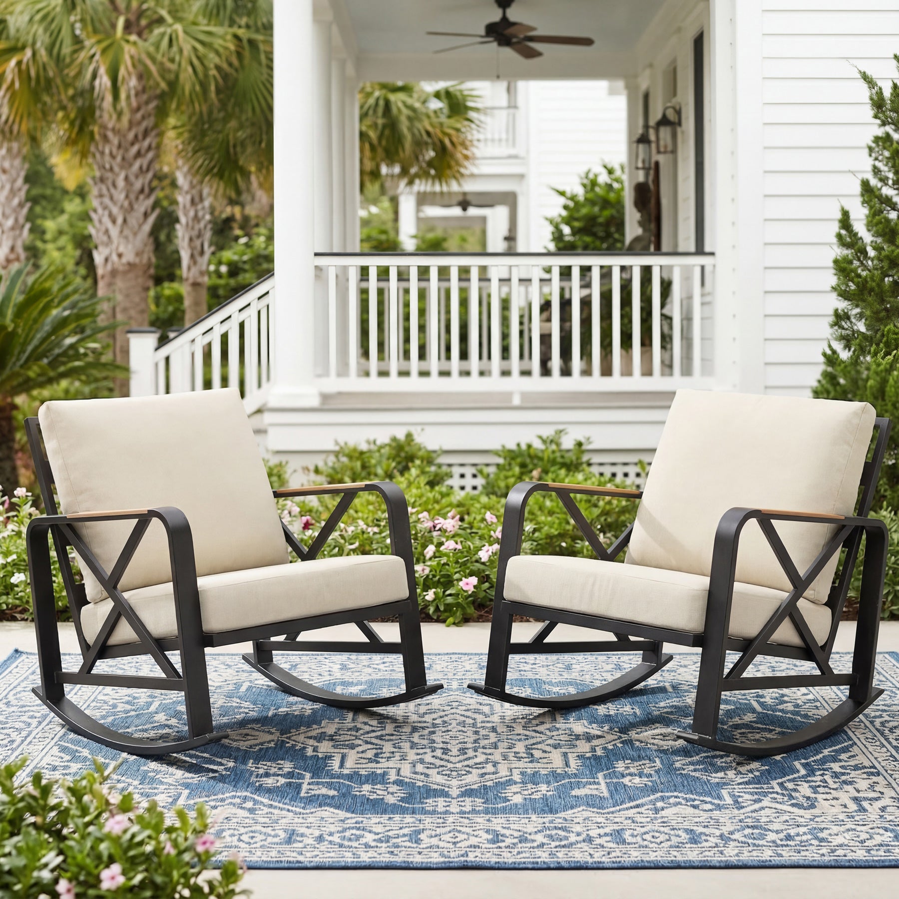 Outdoor Rocking Chair, Patio Seating Waterproof Rocker with Thick Cushion