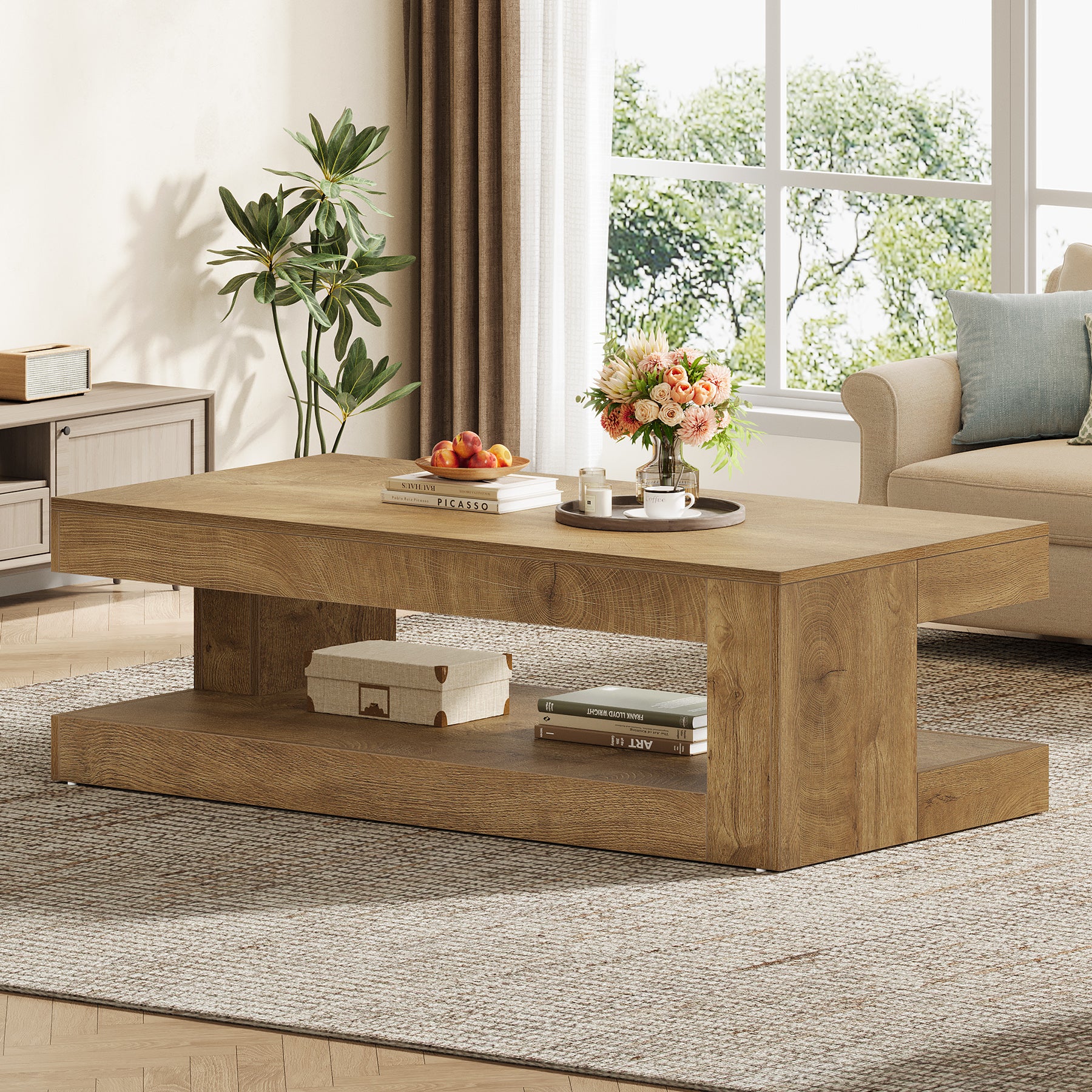 47.24" Coffee Table, Farmhouse 2-Tier Tea Cocktail Table with Storage