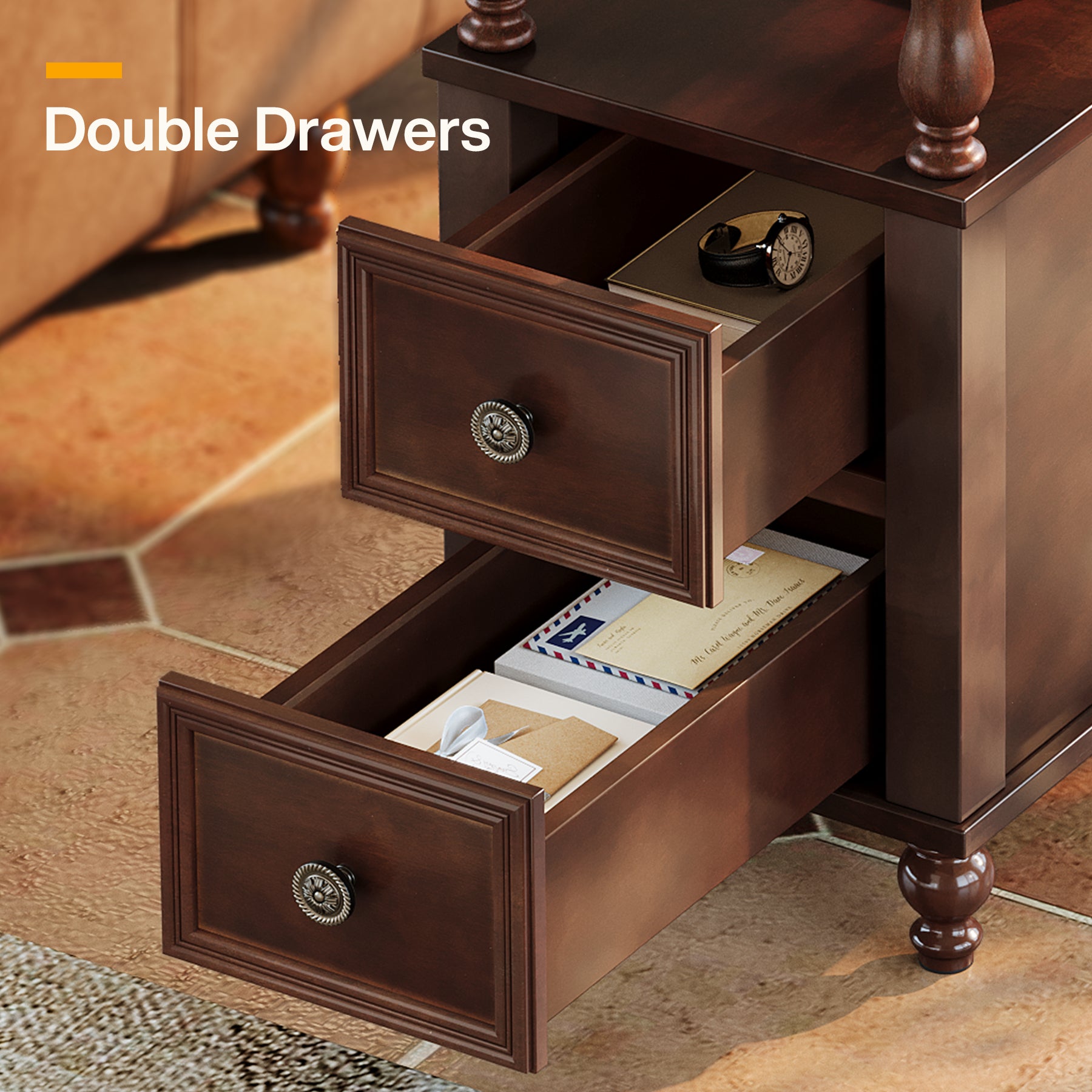 23.6" End Table, Solid Wood Accent Nightstand Bedside Table with Double Drawer