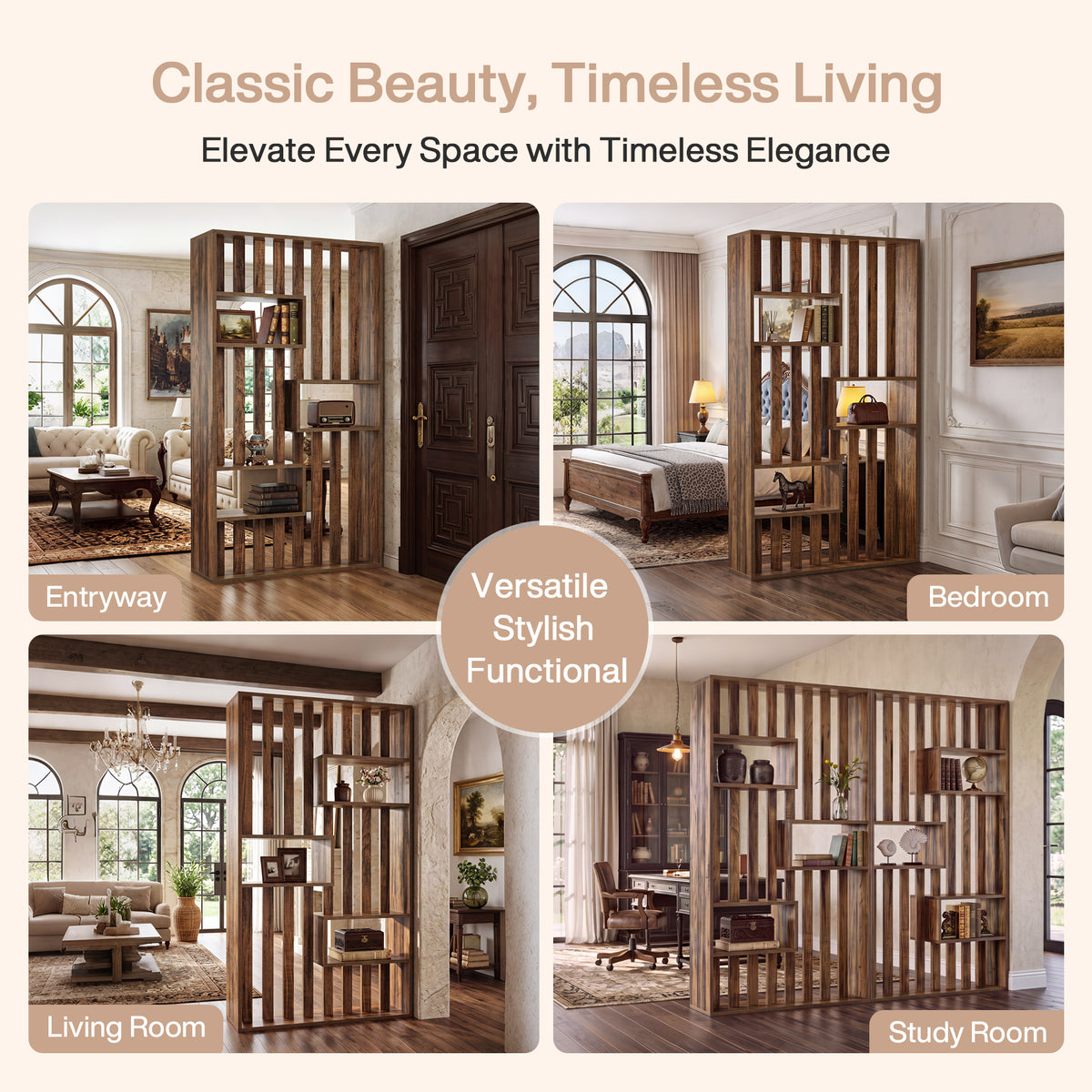71" Wall Room Divider with Built-in Shelves for Room Separation, Freestanding Slatted Partition