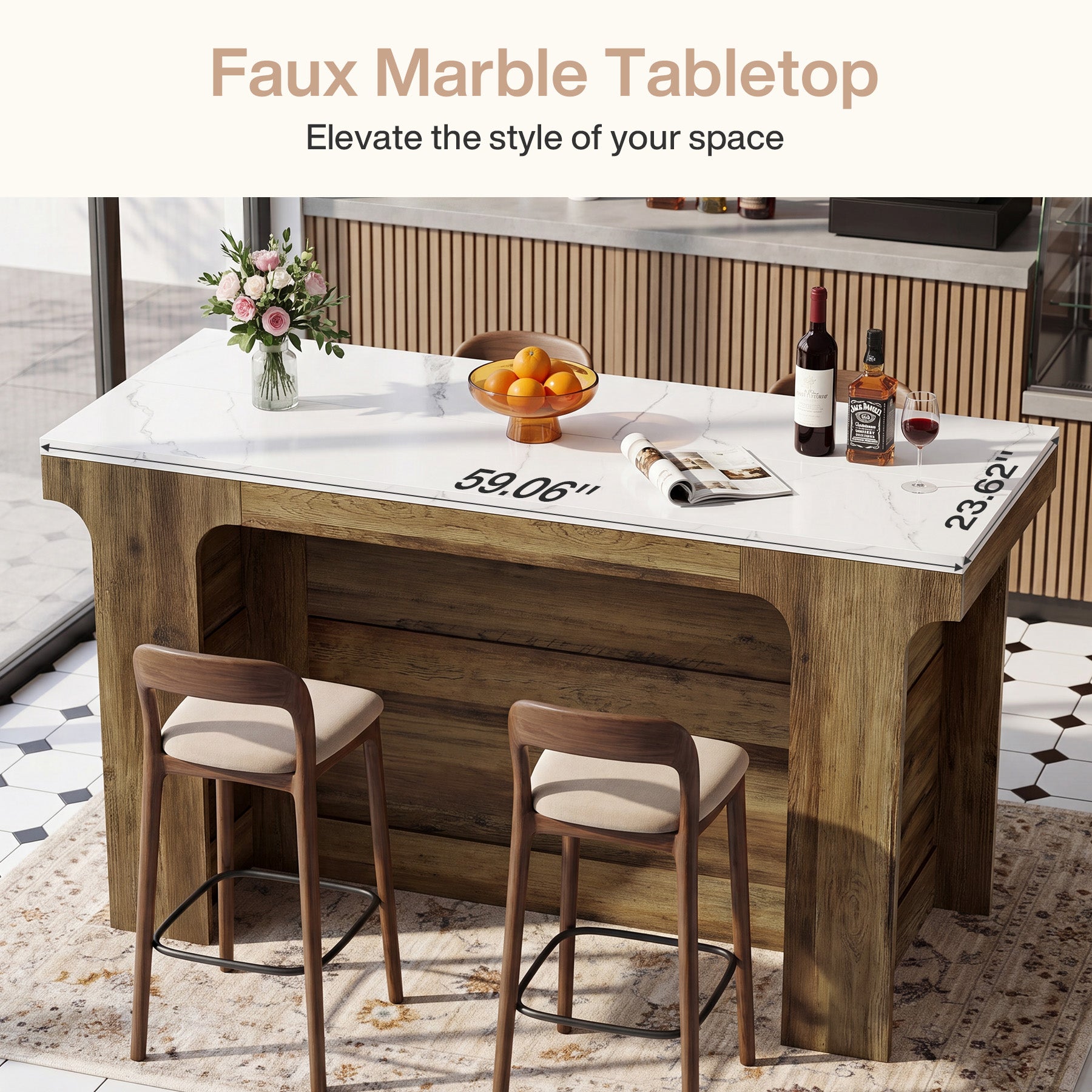 59'' Bar Table, Modern Counter Height Table with Faux Marble Top for Kitchen, Bistro