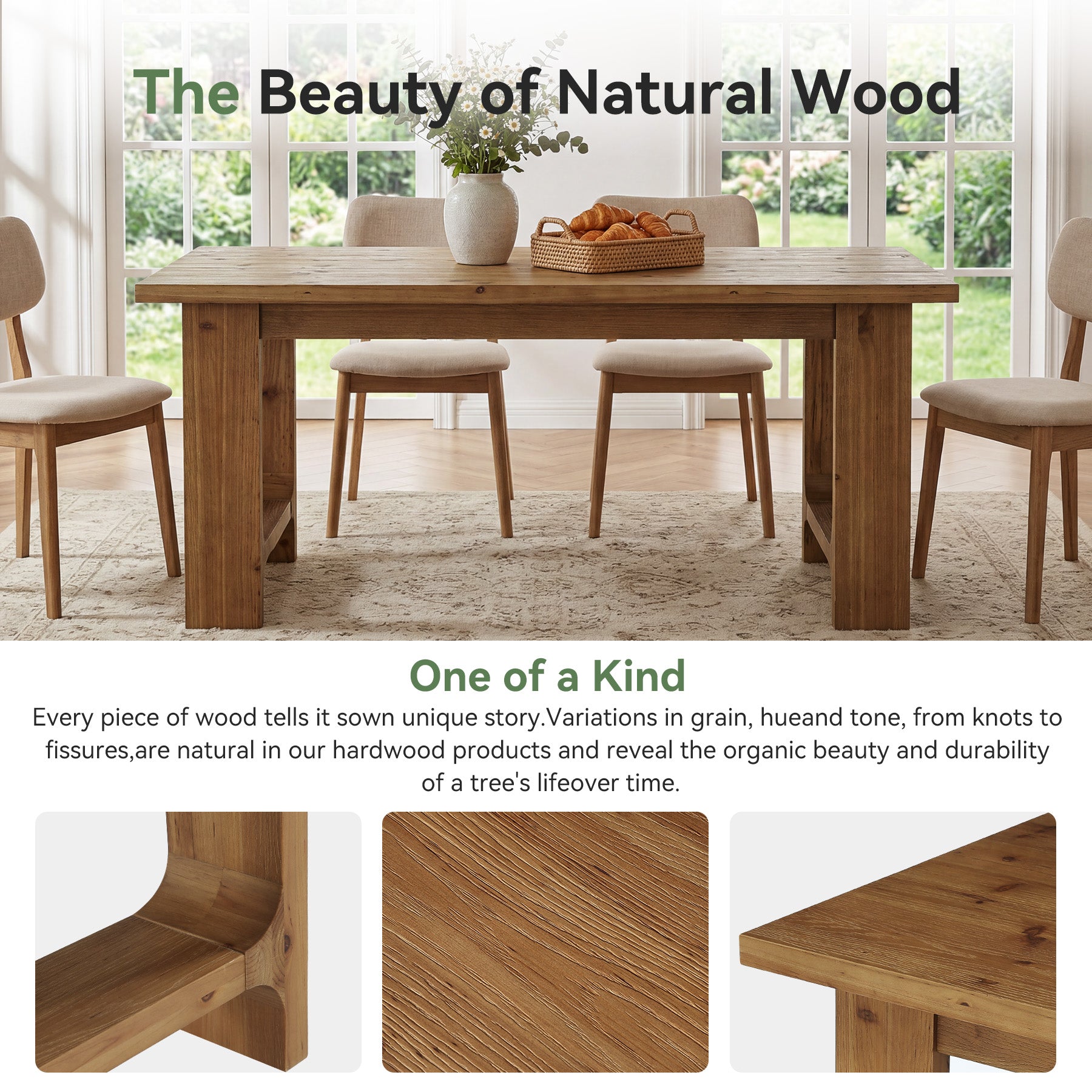 Tribesigns 63-Inch Solid Wood Dining Table with U-Shaped Legs, Farmhouse Kitchen Table for 6 People