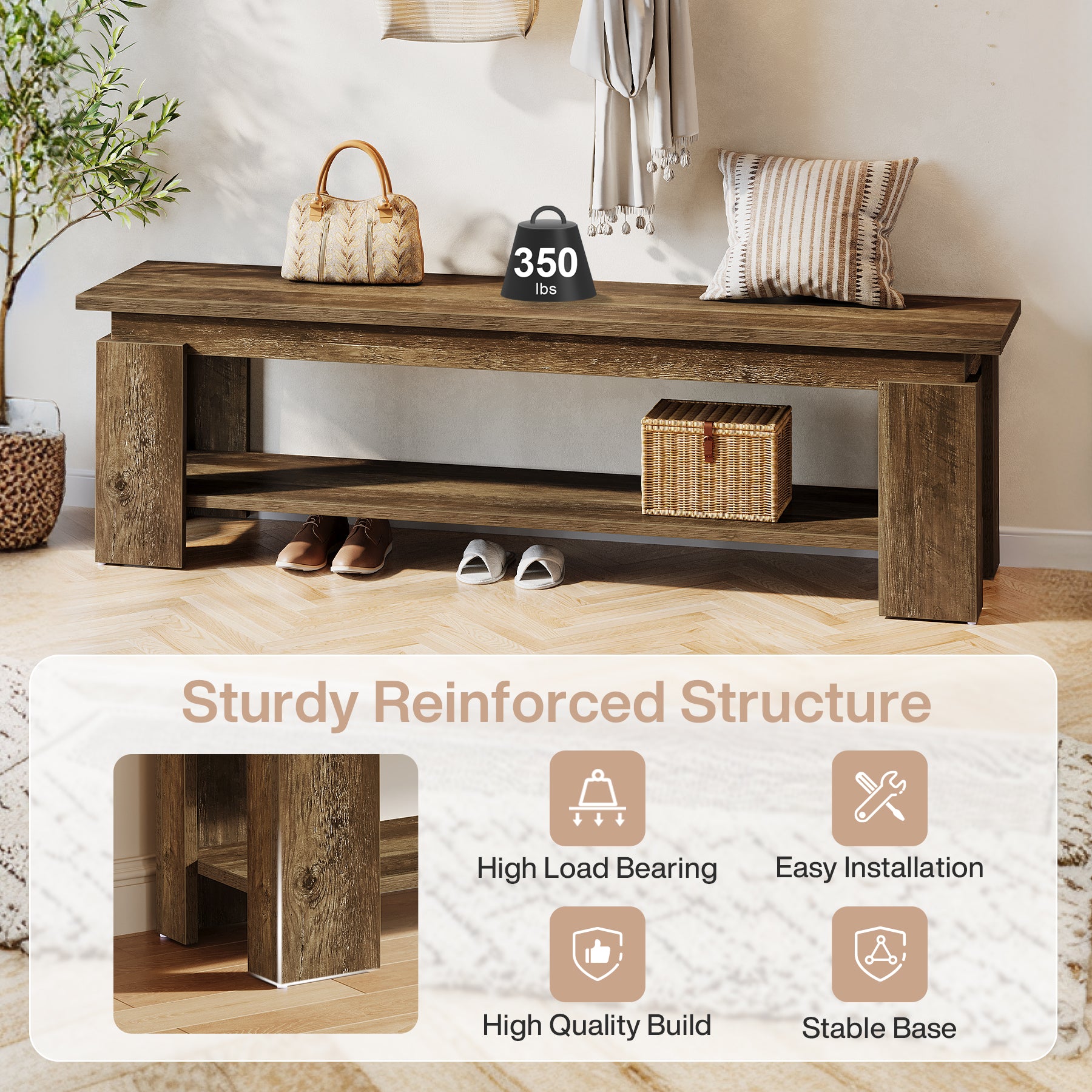 63" Entryway Bench, Farmhouse Shoe Bench End of Bed Bench with Storage Shelf