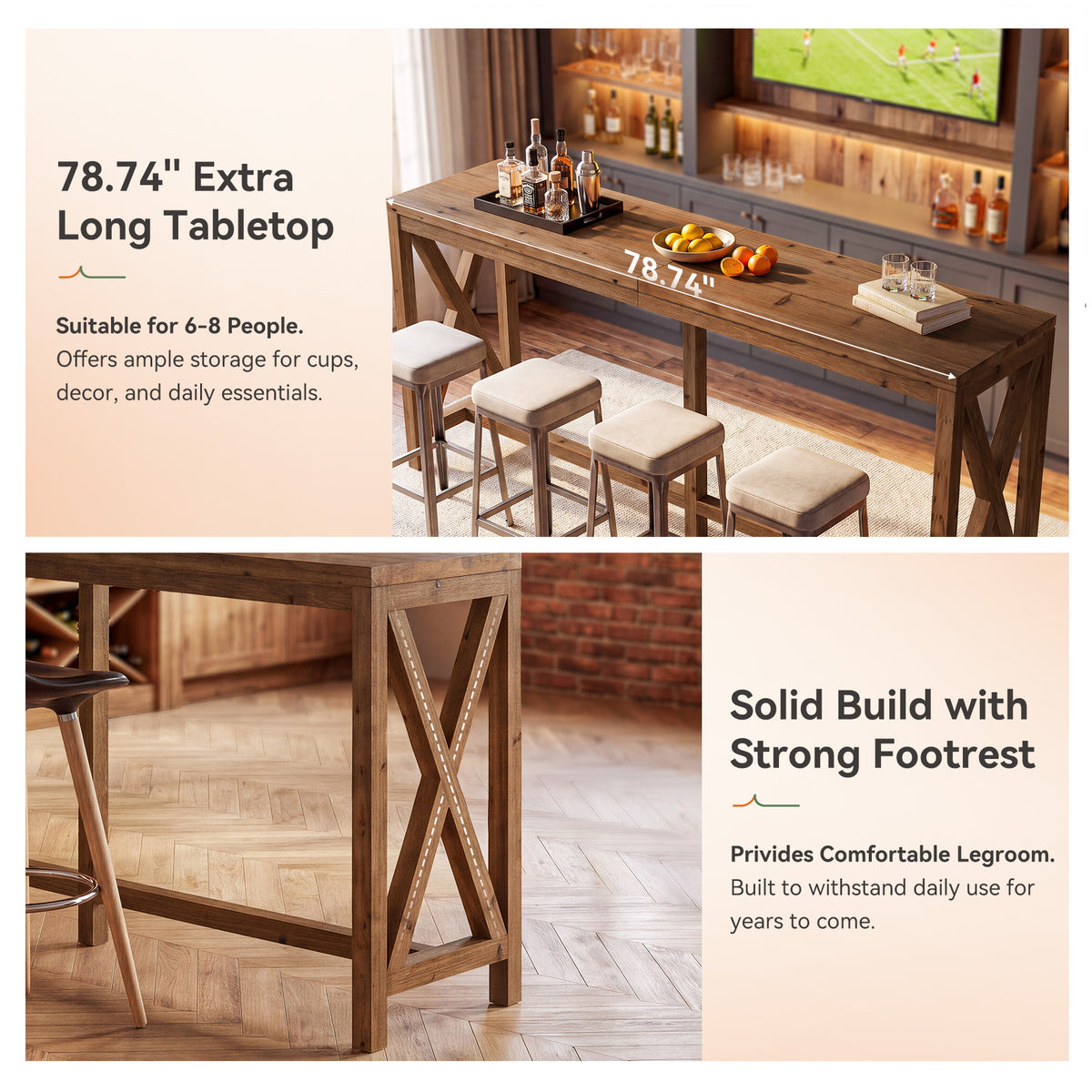 78.74" Solid Wood Bar Table, Counter Height Pub Table with X-Shaped Frame & Footrest for 6-8