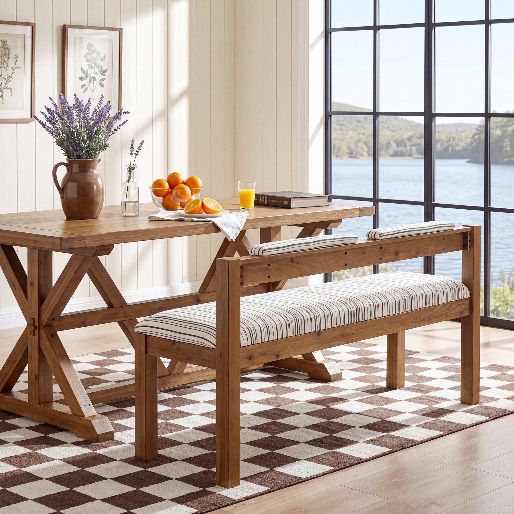 Wood Dining Bench, 55" Upholstered Kitchen Bench with Backrest & Chenille Cushion