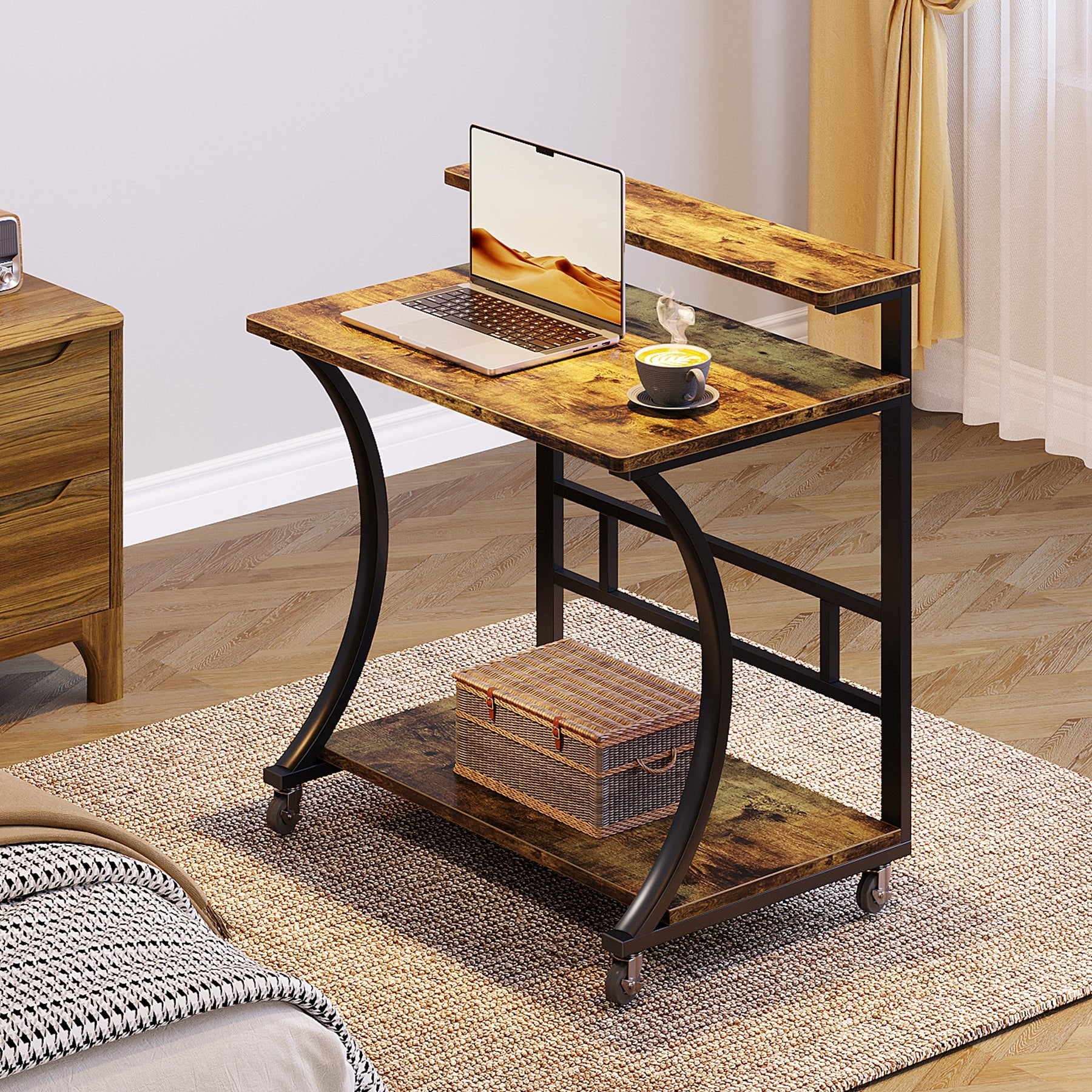 C - Shaped End Table, Mobile Sofa Side Table with Lockable Casters Tribesigns