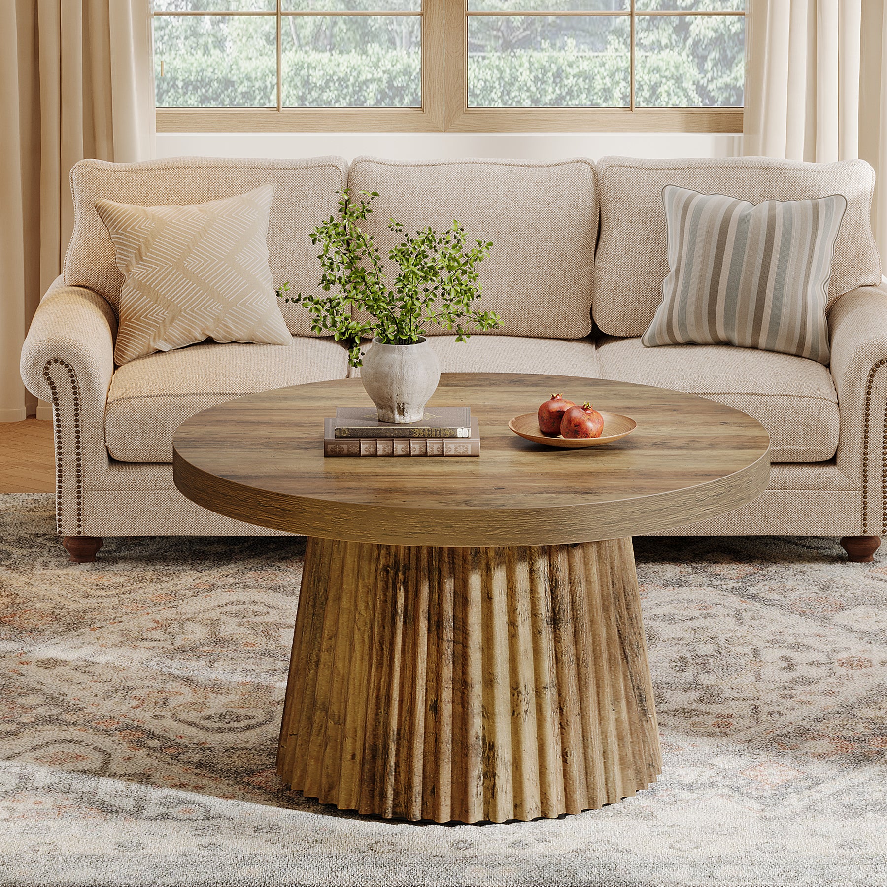 Tribesigns Round Coffee Table with Fluted Drum Base - Thumbnail 5