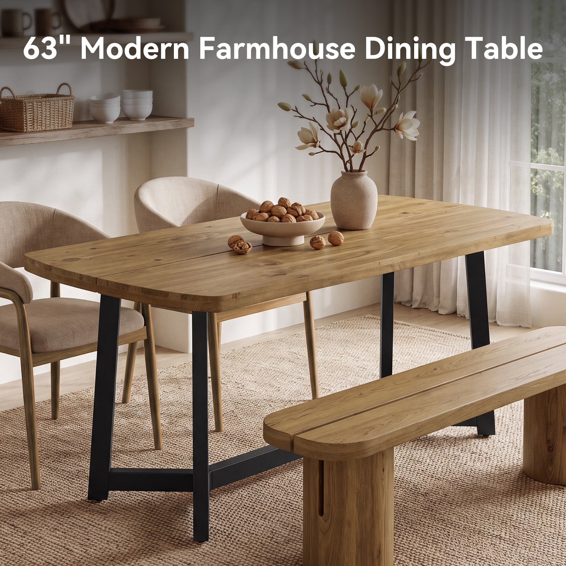63" Farmhouse Dining Table, Pine Wood Rectangular Kitchen Table for 4-6(Table Only)