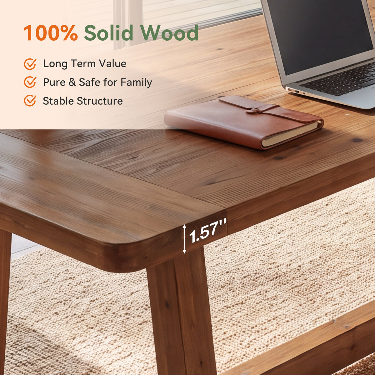 71" Solid Wood Executive Desk, Wooden Computer Writing Table with Sturdy Base for Home Office