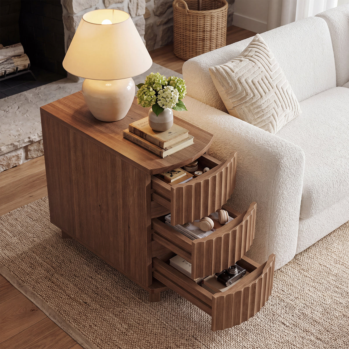 Solid Wood End Table, 3-Drawer Narrow Side Table with Curved Design for Living Room