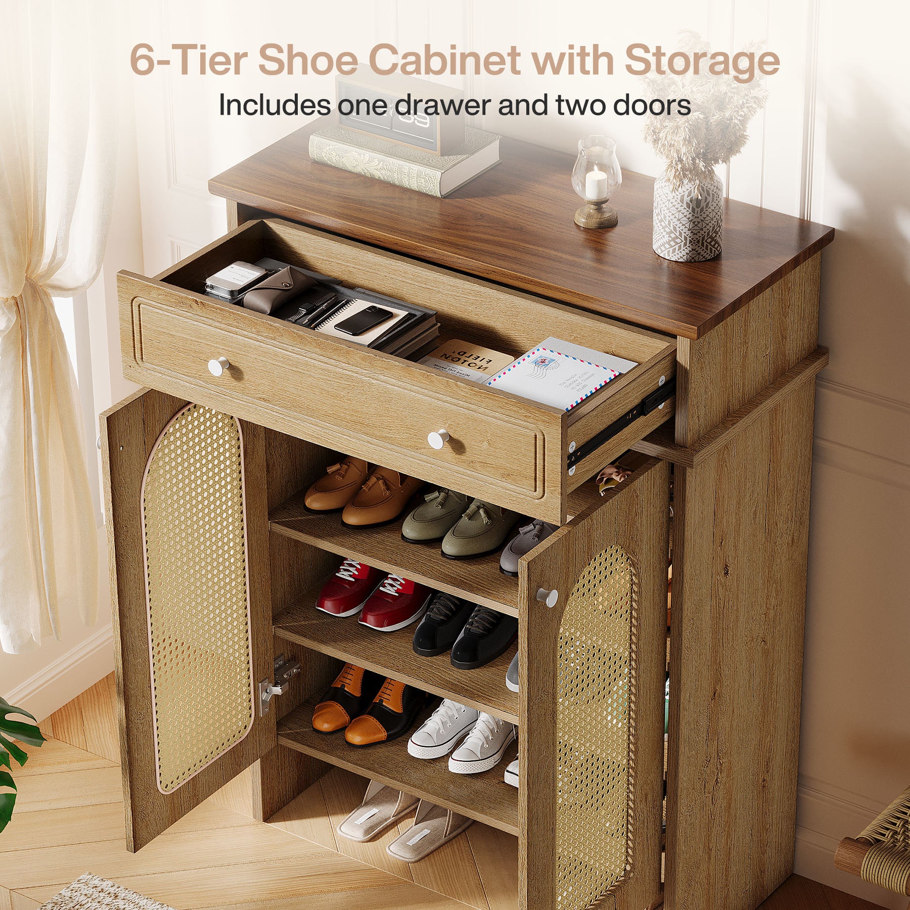 43" Shoe Cabinet with Doors, 6-Tier Shoe Rack Storage Cabinet with Drawer