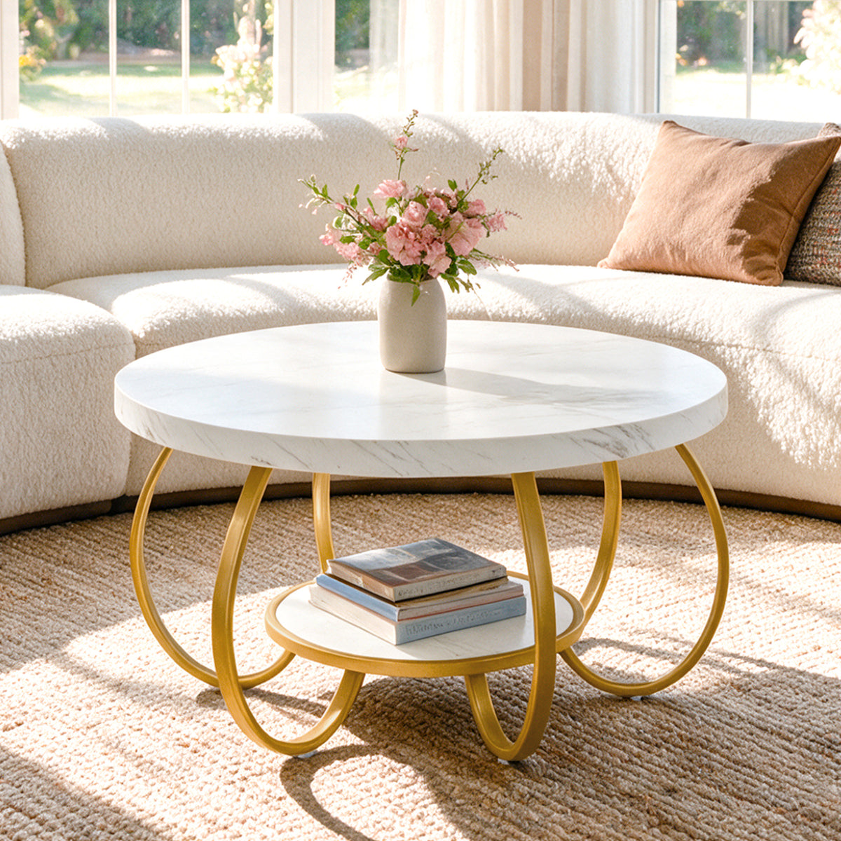 31.5" Round Coffee Table, 2-Tier Modern Center Table with Faux Marble Top & Metal Base
