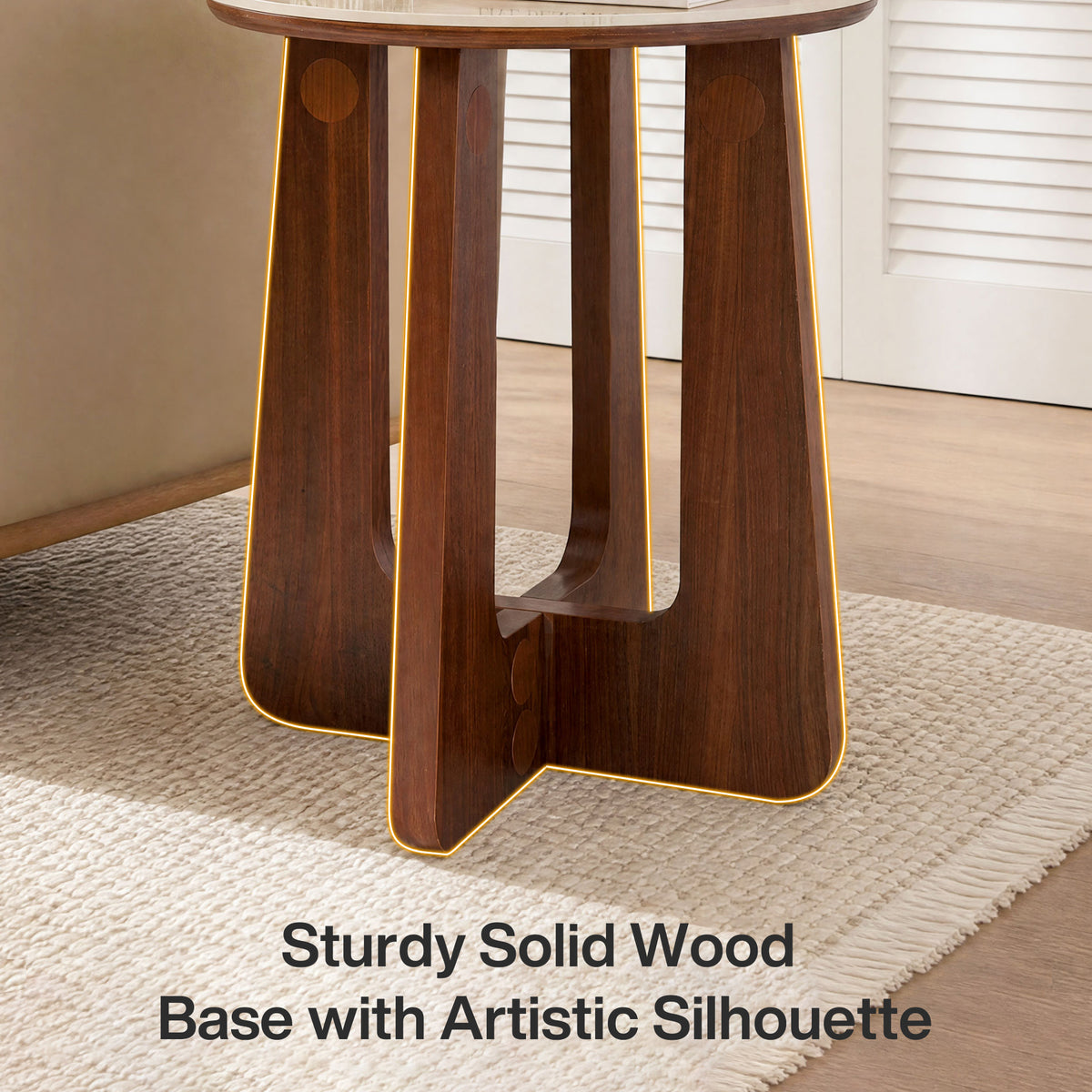 19" Round End Table, Sintered Stone with Solid Wood Base, Mid-Century Modern