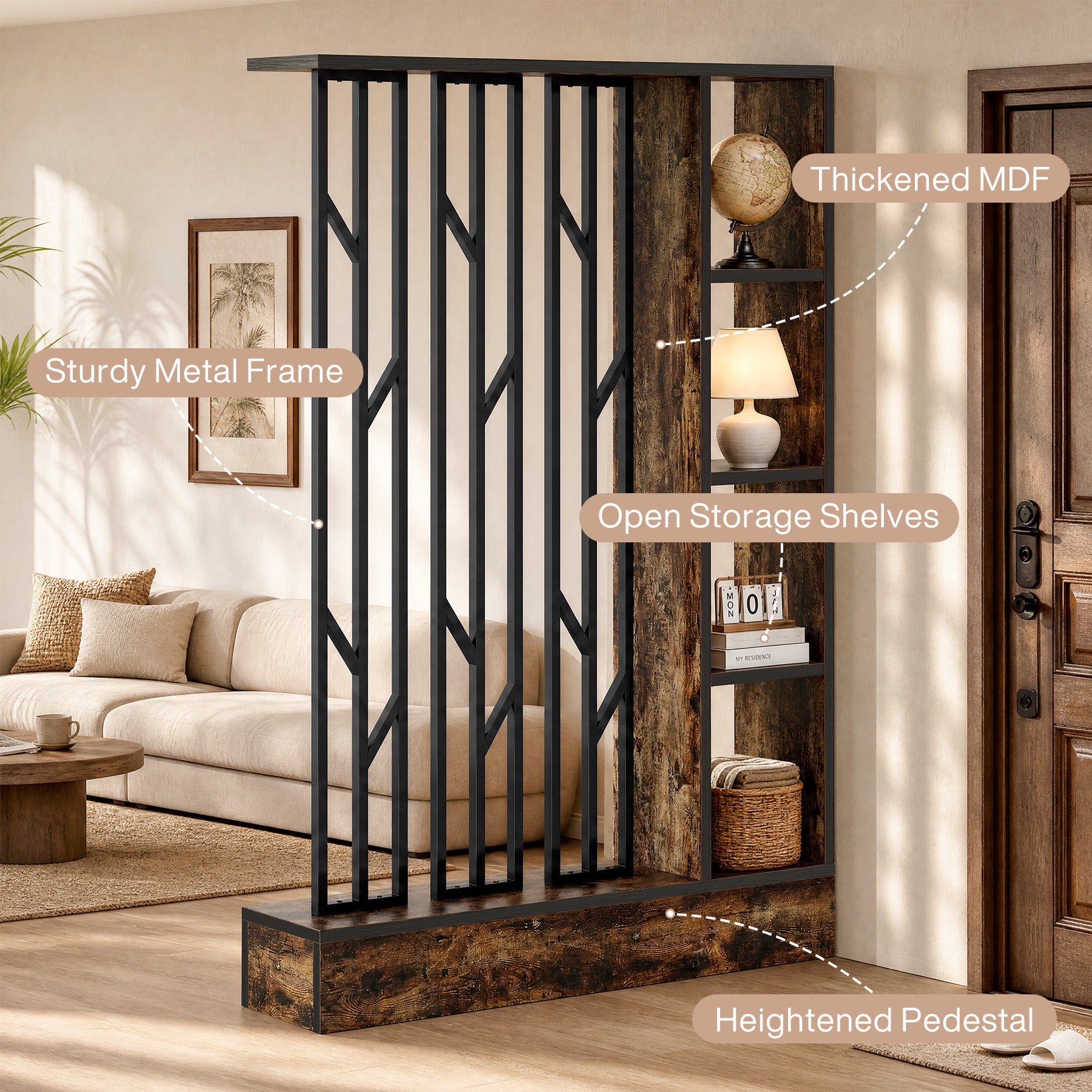 71" Room Divider with Storage Shelves, Freestanding 4-Shelf Wall Partition, Living Room