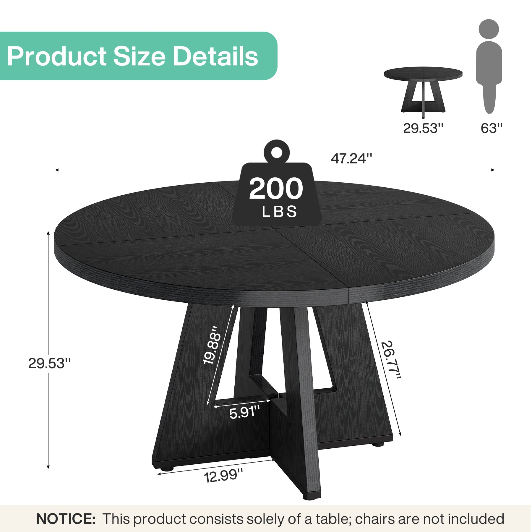 47" Round Farmhouse Dining Table for 4 People, Rustic Dining Room Table