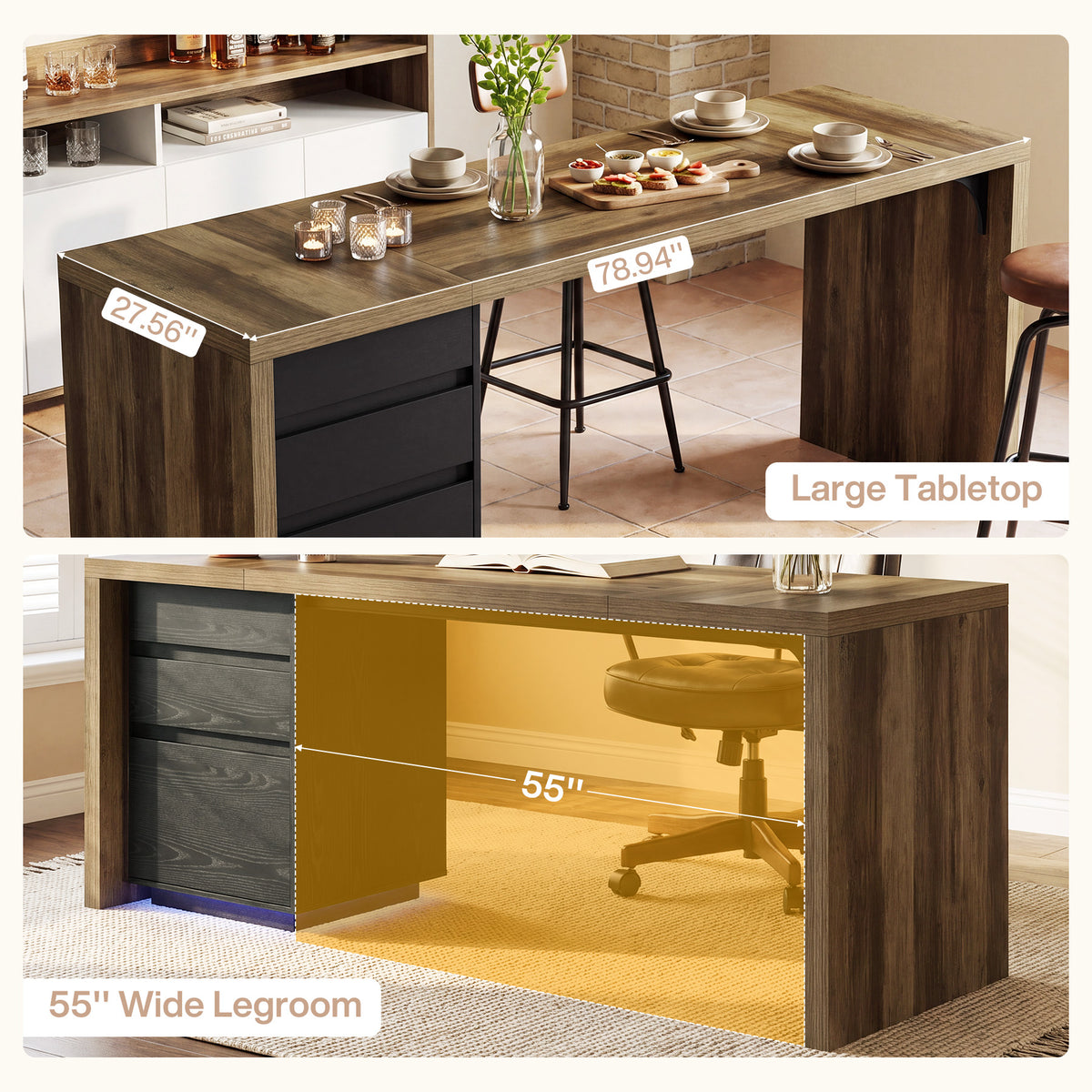 79" Modern Executive Desk with 3 Drawers & RGB Lights, Double Computer Desk