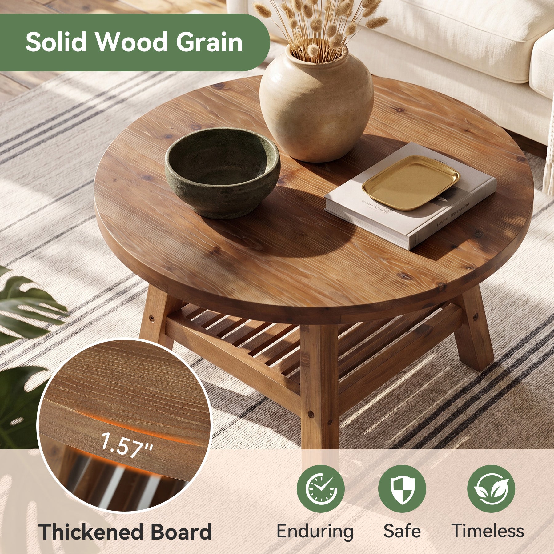 Solid Wood Round Coffee Table, 31.5" Center Table with 2-Tier Storage for Living Room