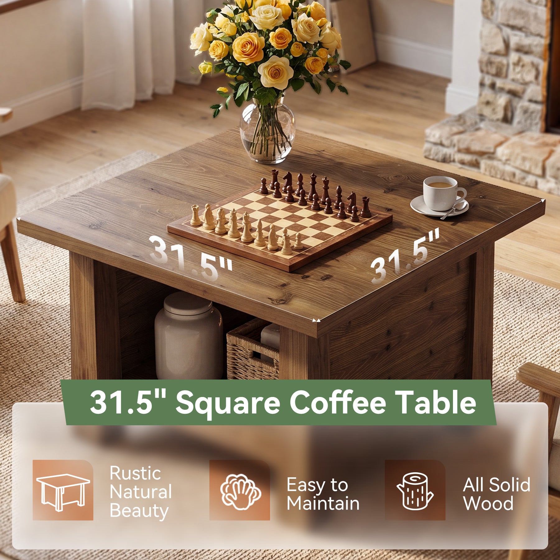 31.5" Solid Wood Coffee Table, Farmhouse 2-Tier Wooden Square Center Table
