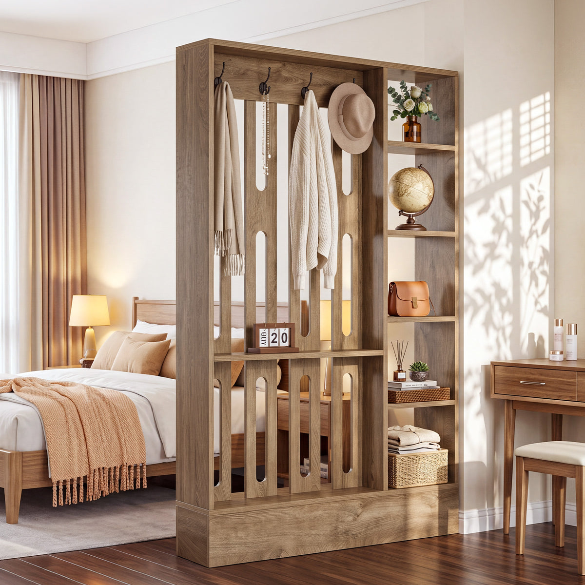 71" Room Divider with Shelves, 5-Cube & 4 Hooks, Freestanding Modern Wall Partition